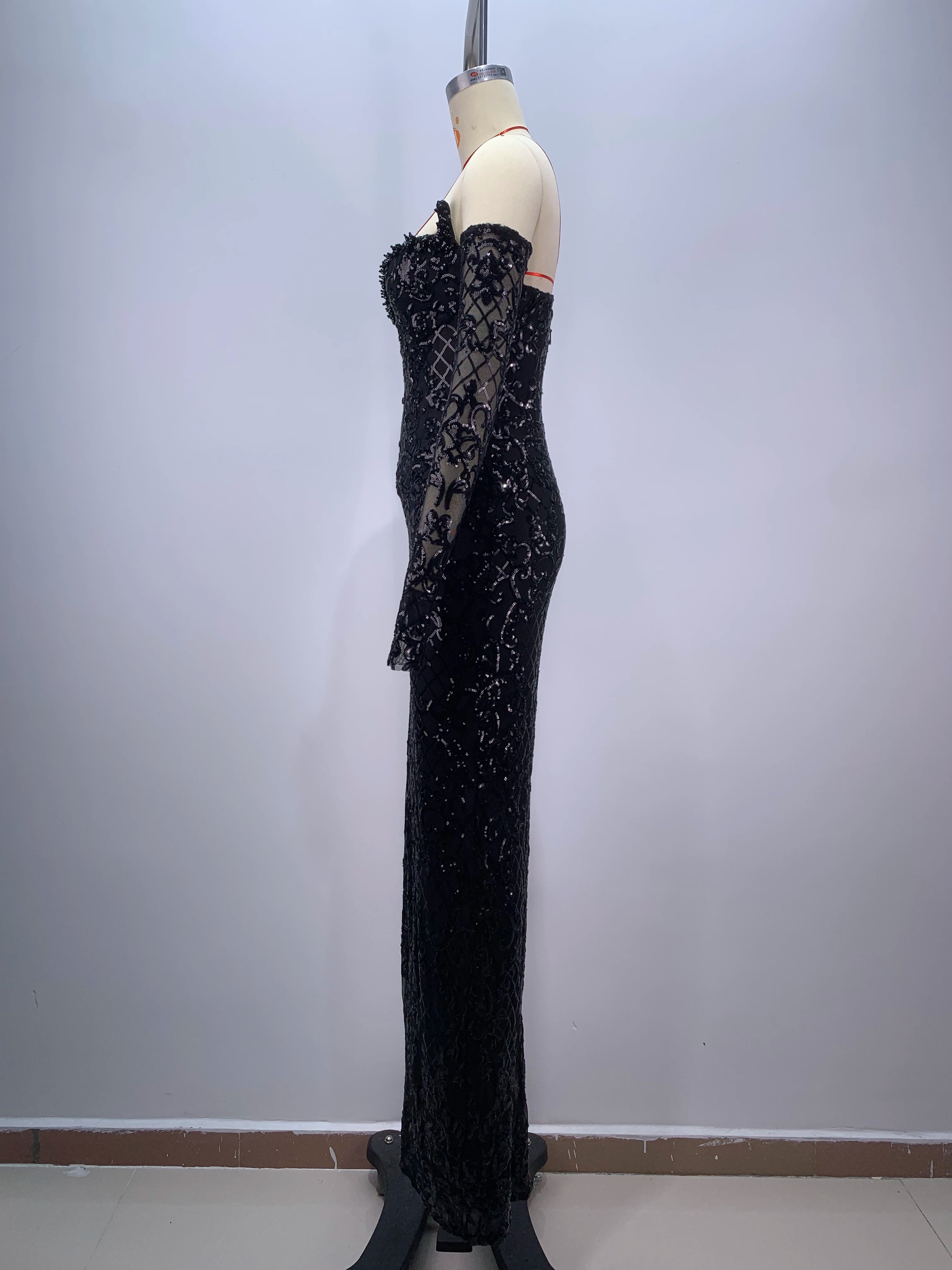 2024 New Black Sequin High Slit Bodycon Long Dress with Gloves for Women - Sexy Evening Party Prom Gown for Celebrations & Special Occasions