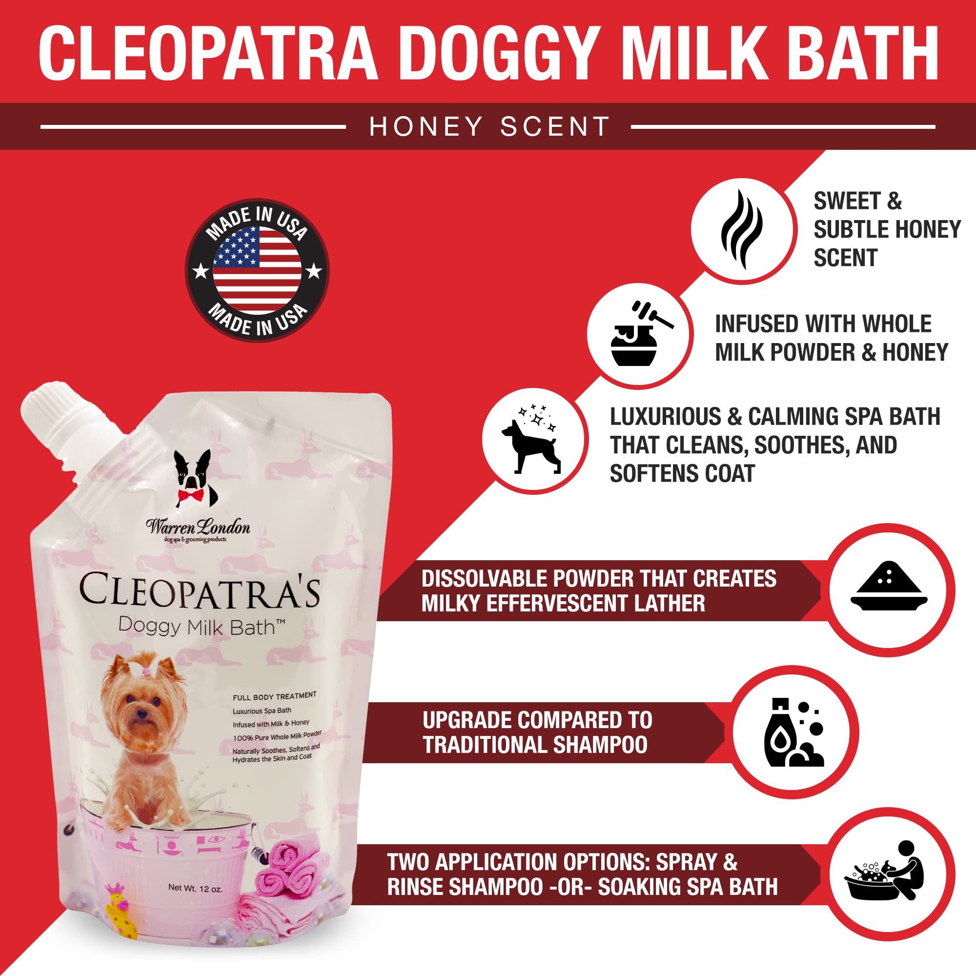 Warren London Cleopatra's Doggy Milk Bath - Luxurious Dog Shampoo & Conditioner with Whole Milk Powder & Honey for Silky Smooth Coat | 12oz | Use as Bath Soak or Spray-On Shampoo for Dogs - Perfect for Grooming, Bath Time & Coat Care at Home or Pet Salon