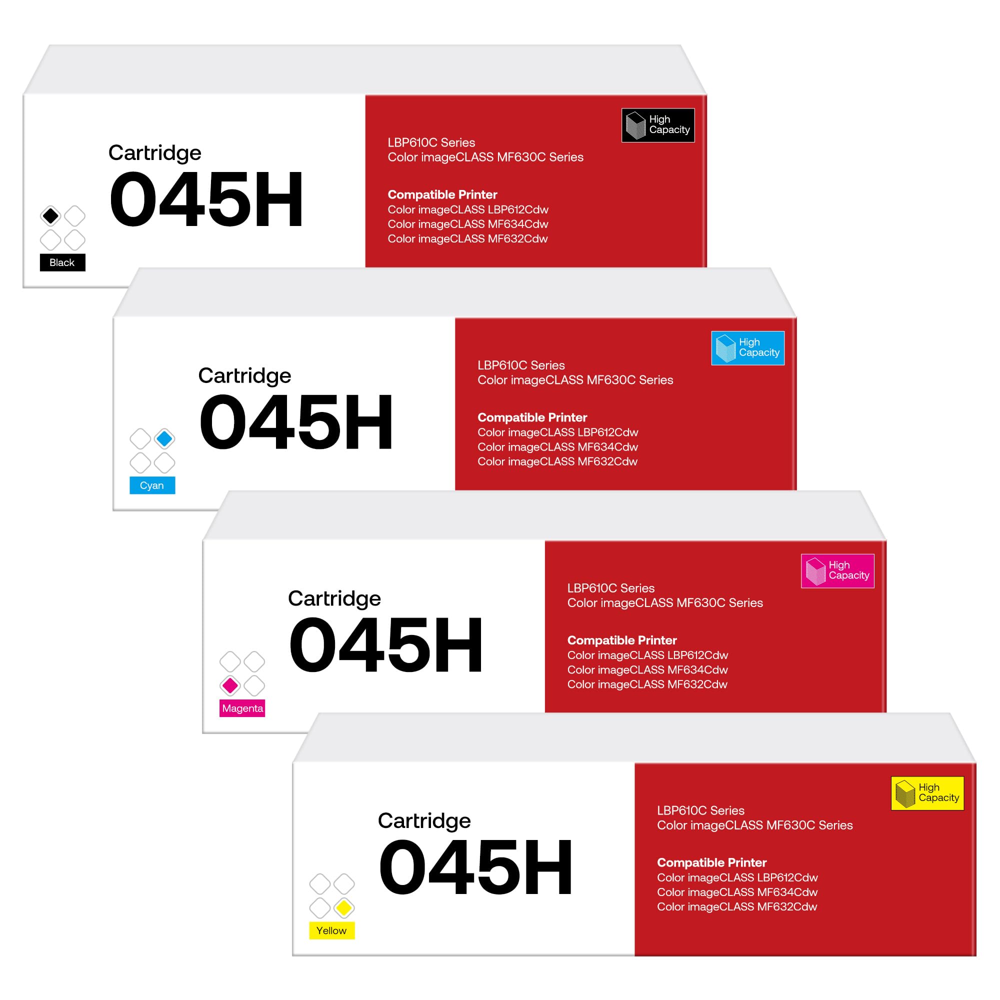 Compatible 045/045H Toner Cartridge 4-Pack for Canon imageCLASS MF632Cdw MF634Cdw LBP612Cdw LBP612C Laser Printers - High-Yield Color Printing for Office & Home Use