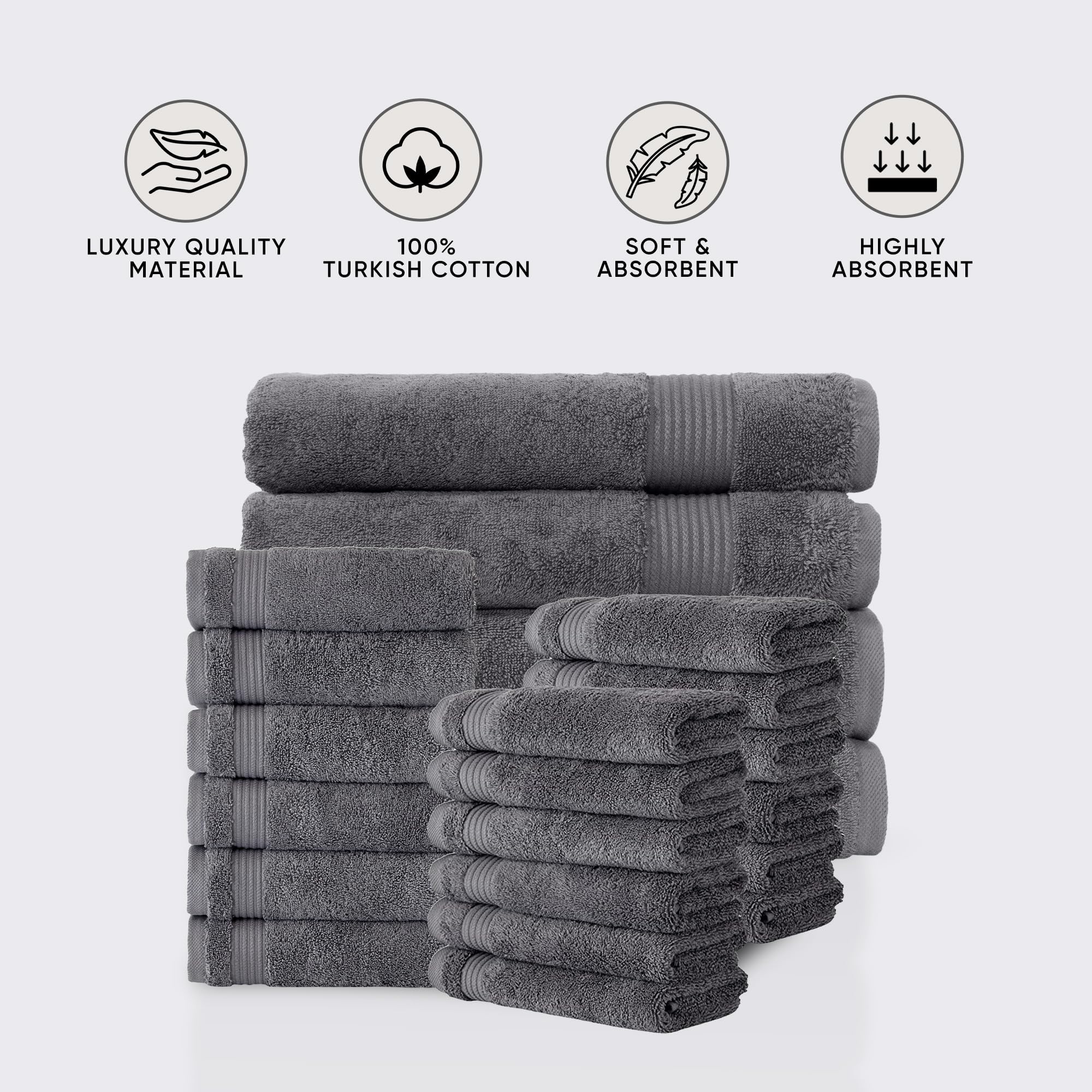 Premium 22-Piece Turkish Cotton Towel Set - 100% Organic Quick-Dry Bath, Hand & Washcloths for Family | Ultra Absorbent & Soft | Includes 4 Bath Towels, 6 Hand Towels & 12 Washcloths (Grey) | Perfect for Spa, Beach & Luxury Bathroom Use