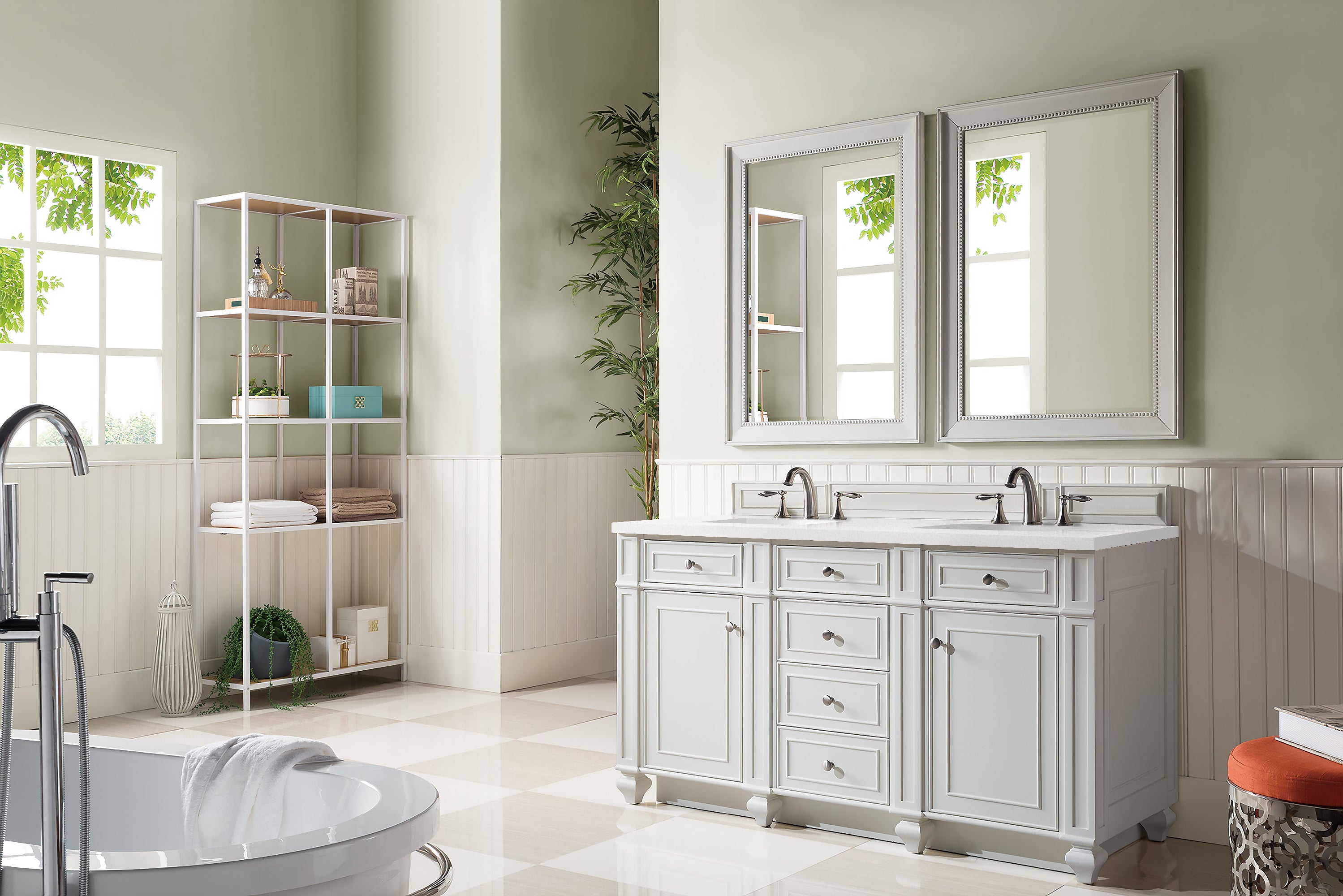 Bristol 60-Inch Double Bathroom Vanity Set with White Zeus Quartz Countertop (3cm Thick) - Bright White Finish for Modern Master Bathrooms & Guest Suites
