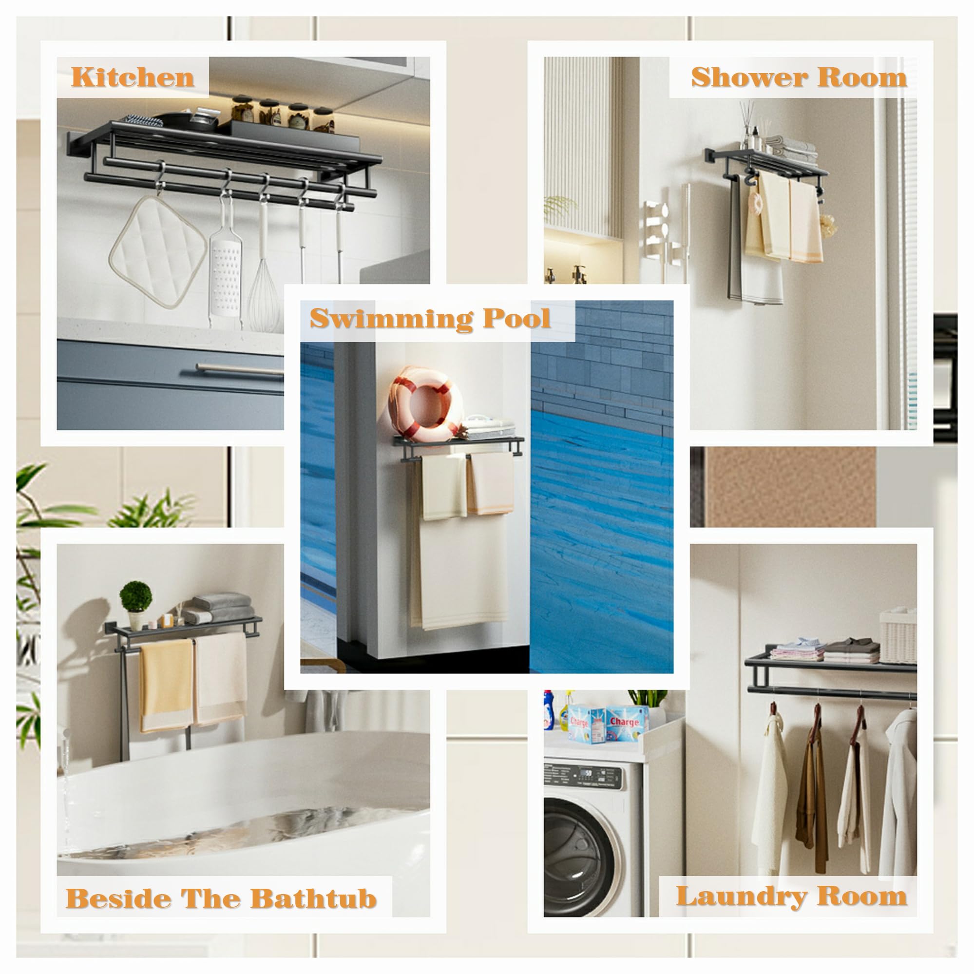 Stainless Steel Towel Rack - 16 Inch Double Towel Bar Holder with Shelf for Bathroom, Lavatory & Kitchen - SUS 304 Wall Mount Hanger in Matte Black - Perfect for Spa, Gym & Home Decor