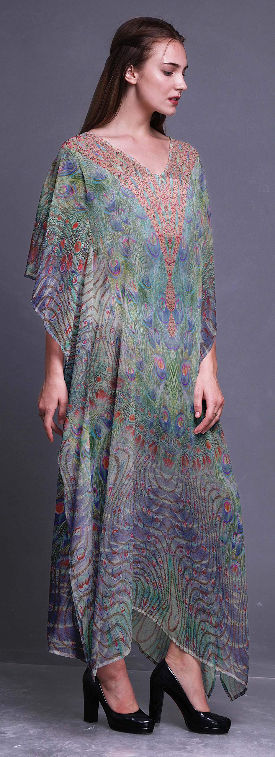 Peacock Feather Women's Long Beach Kaftan - Flowy Bikini Cover Up Maxi Dress for Summer Vacation, Pool Party & Boho Fashion