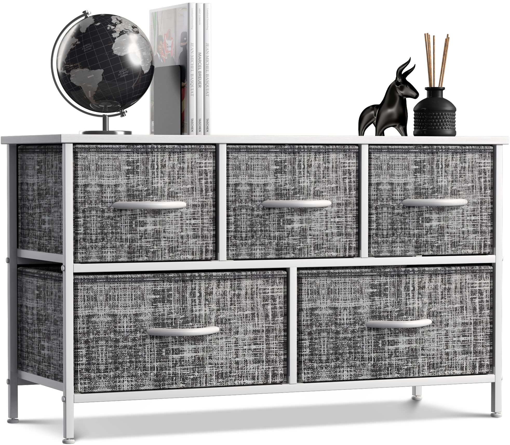 Sorbus 5-Drawer Dresser with Steel Frame & Wood Top - Storage Chest Organizer with Easy Pull Fabric Bins - Wide TV Stand for Bedroom, Hallway, Closet & Office Organization - Perfect for Small Space Storage & Home Decor