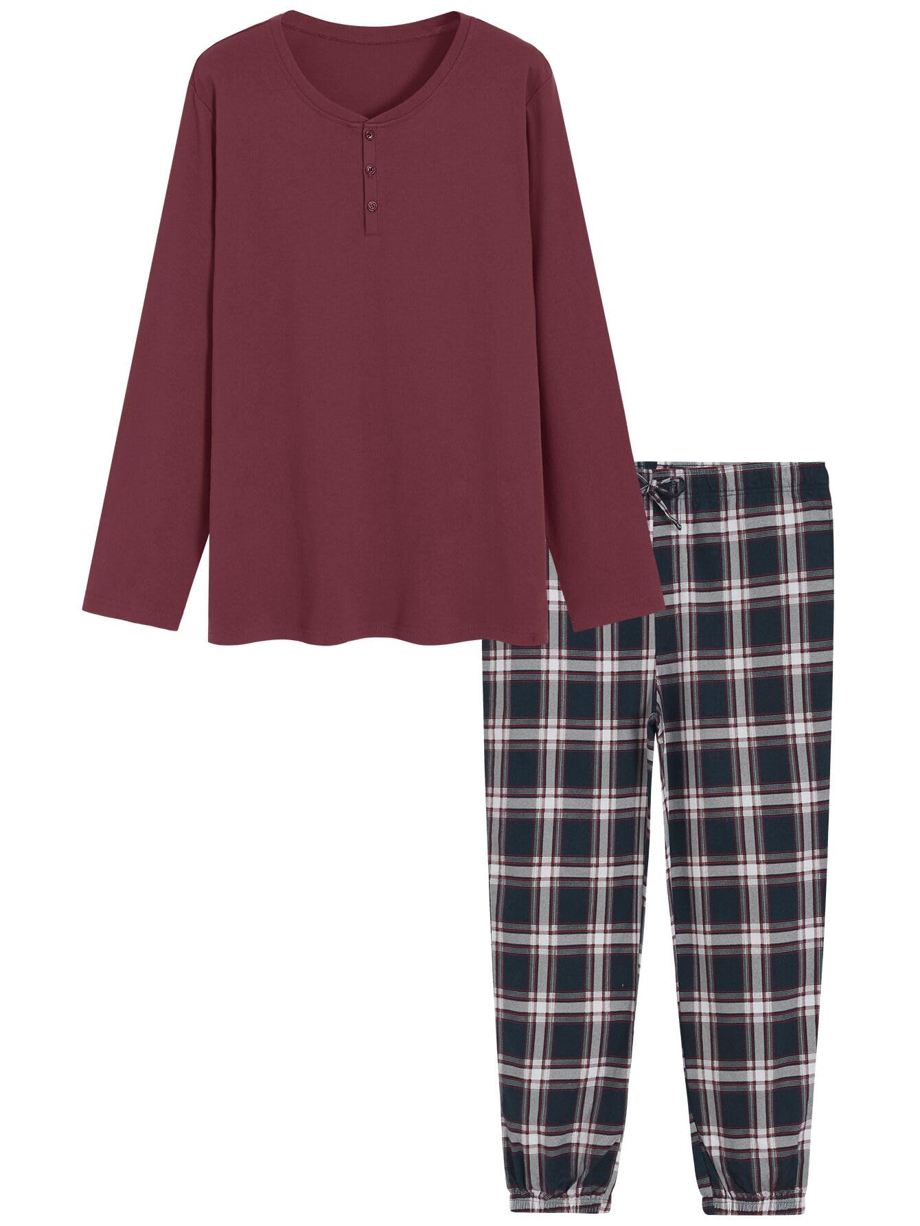 Men's Cotton Pajama Set - Long Sleeve Henley Top & Flannel Pants with Pockets | Soft & Comfortable Sleepwear for Winter, Lounge Wear at Home, Gift for Him