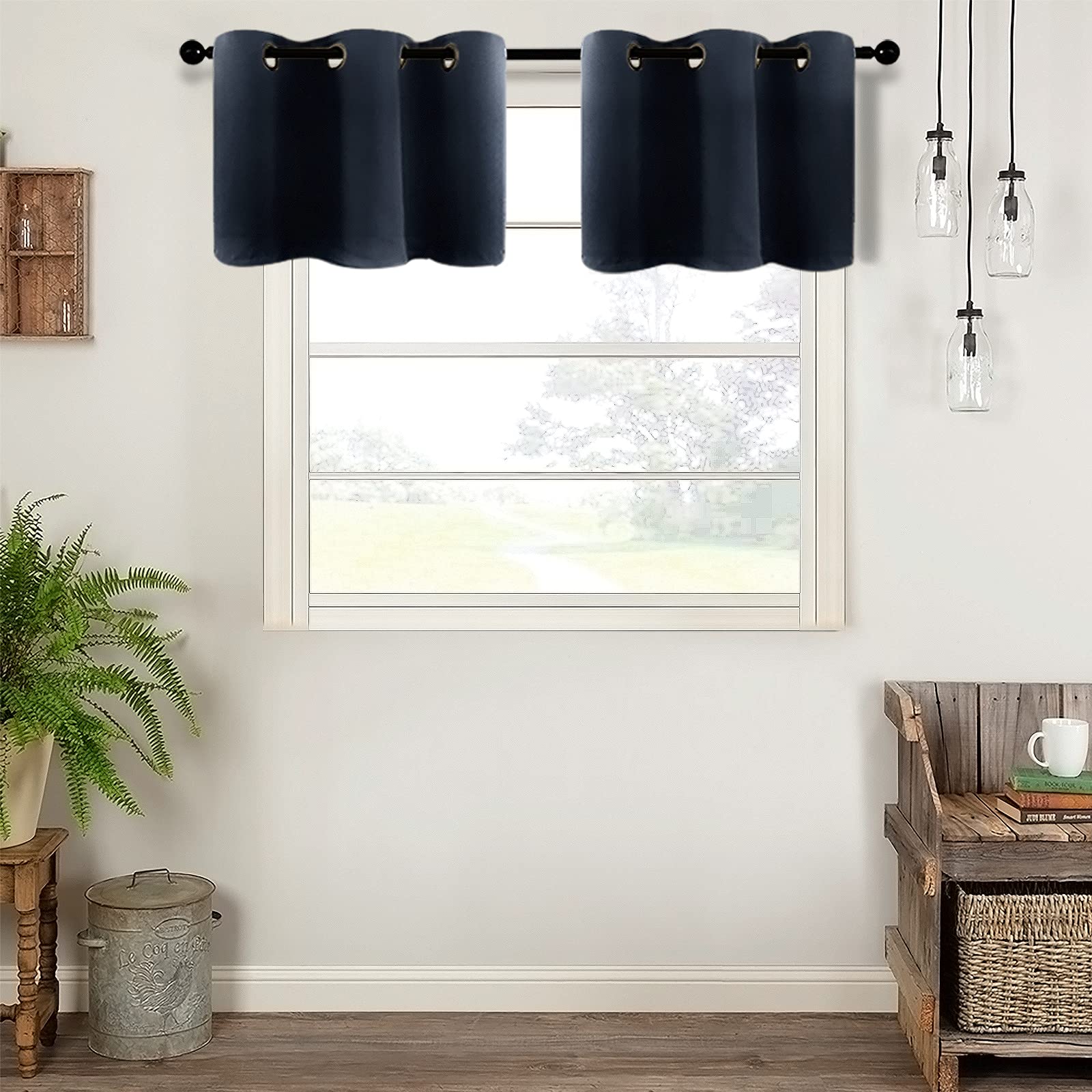 MRTREES 18 Inch Short Blackout Curtains - Navy Blue Valances for Kitchen, Bathroom & Small Windows - Room Darkening Grommet Top Cafe Curtains (Set of 2 Panels) - Perfect for Privacy, Light Control & Home Decor