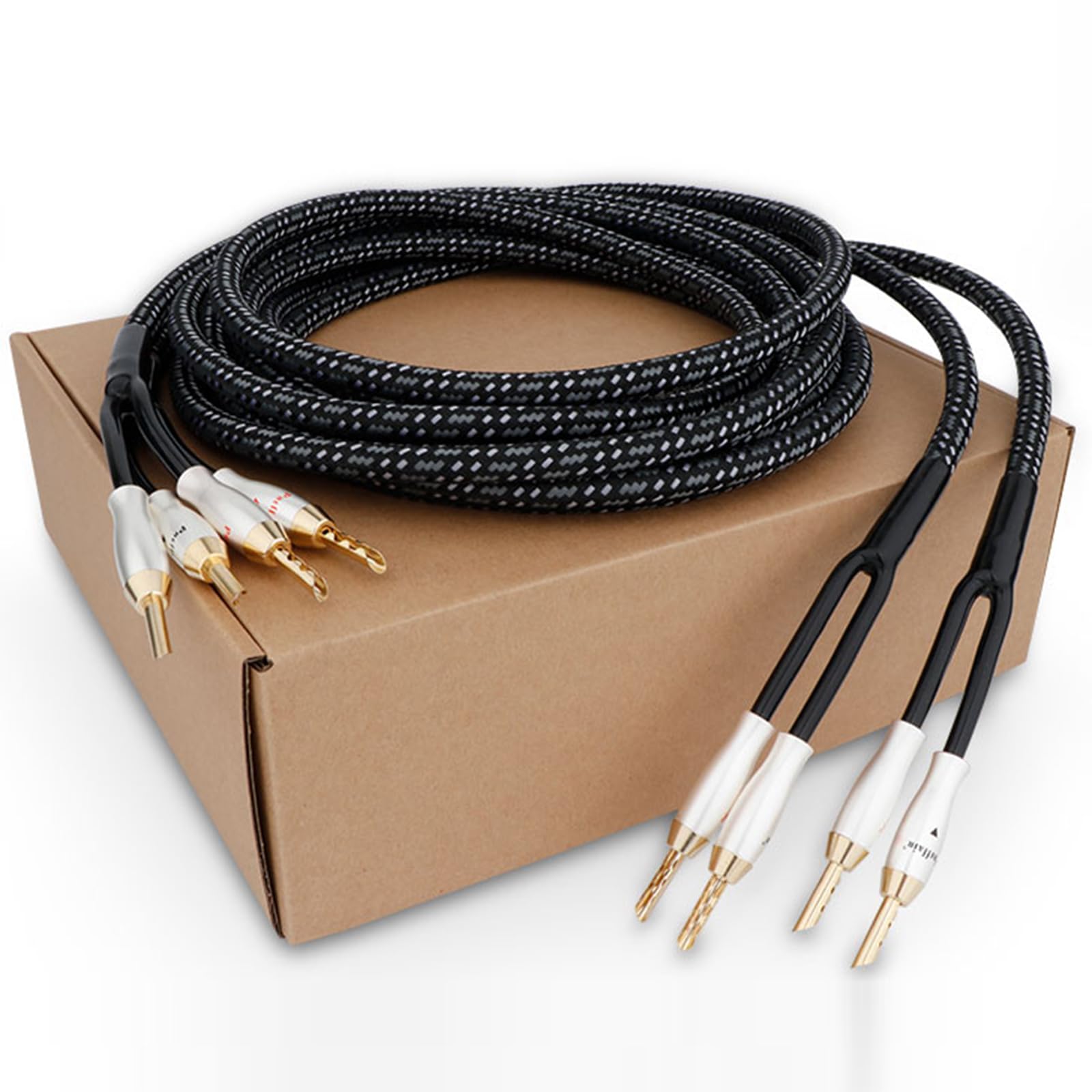 Preffair 14AWG OFC Braided HiFi Speaker Cable with Gold Plated BFA Banana Plugs - 5ft White-Black Audio Wire for Home Theater, Studio Monitors & HiFi Systems