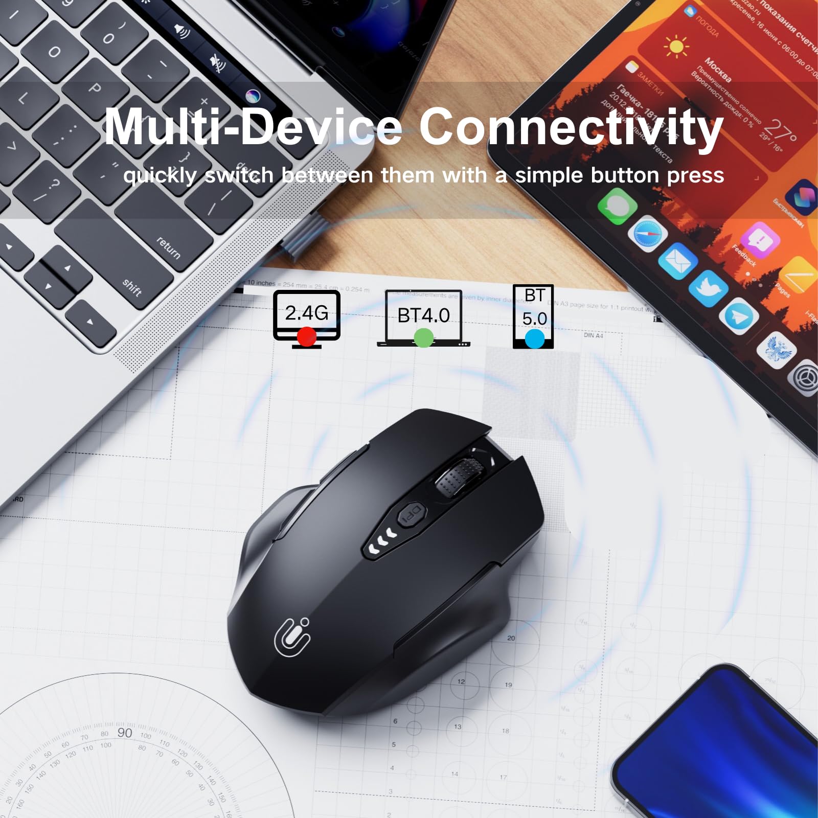 Upgraded Rechargeable Wireless Mouse - Bluetooth 5.0/4.0 & 2.4GHz Dual Mode, Visible Battery Level, 4 Adjustable DPI, Ergonomic Computer Mouse for MacBook Chromebook Laptop PC (Black) - Perfect for Office Work, Gaming, and Travel Use