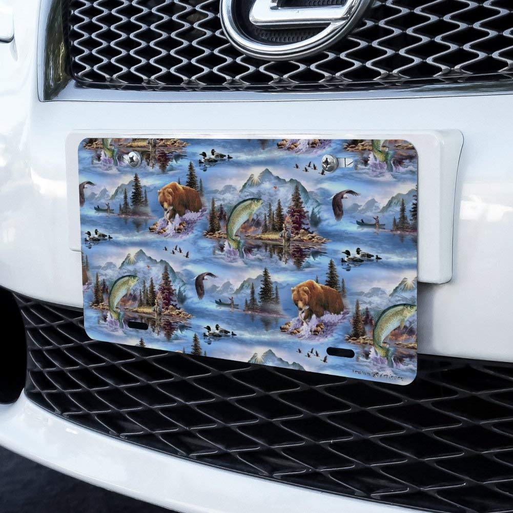 Custom Mountain Fly Fishing Bear Stream Lake Fish Novelty Metal Vanity License Plate - Perfect for Trucks, Cars, Boats & Outdoor Enthusiasts
