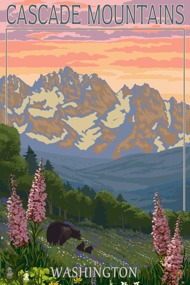 12x18 Wall Art Poster - Cascade Mountains Washington Bears & Spring Flowers - Nature Decor for Living Room, Bedroom & Office
