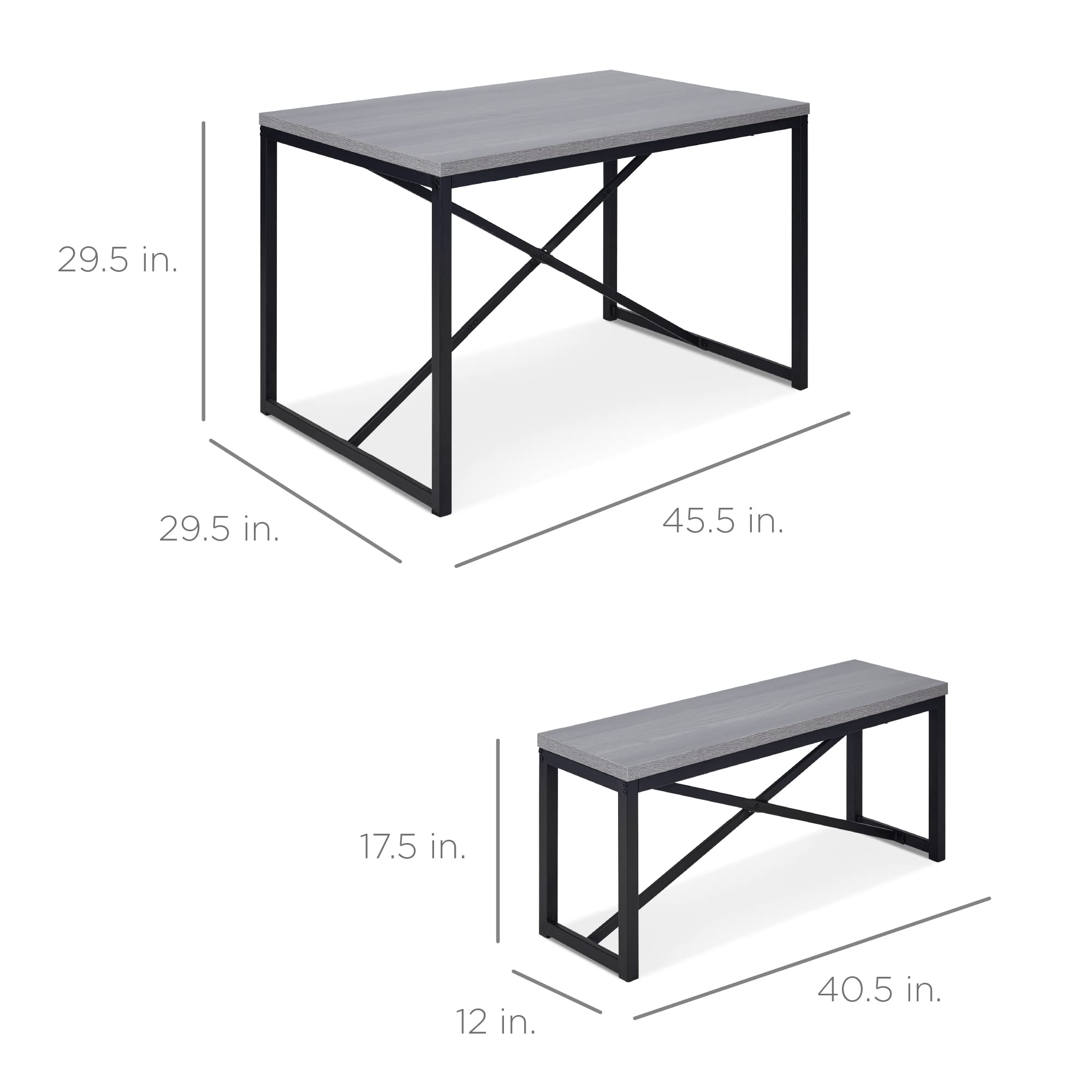 Best Choice Products 45.5in 3-Piece Space Saving Dining Set with Table & 2 Benches - Gray/Black for Kitchen, Small Apartment, Breakfast Nook | Compact 4-Person Dinette Furniture for Dining Room & Kitchenette