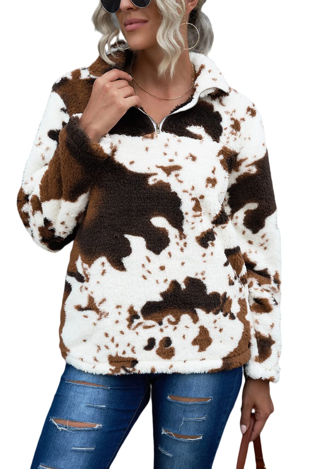 EARKOHA Women's Plus Size Long Sleeve Fleece Jacket with Zip Collar & Cow Print - Cozy Casual Outerwear for Fall, Winter, and Everyday Wear