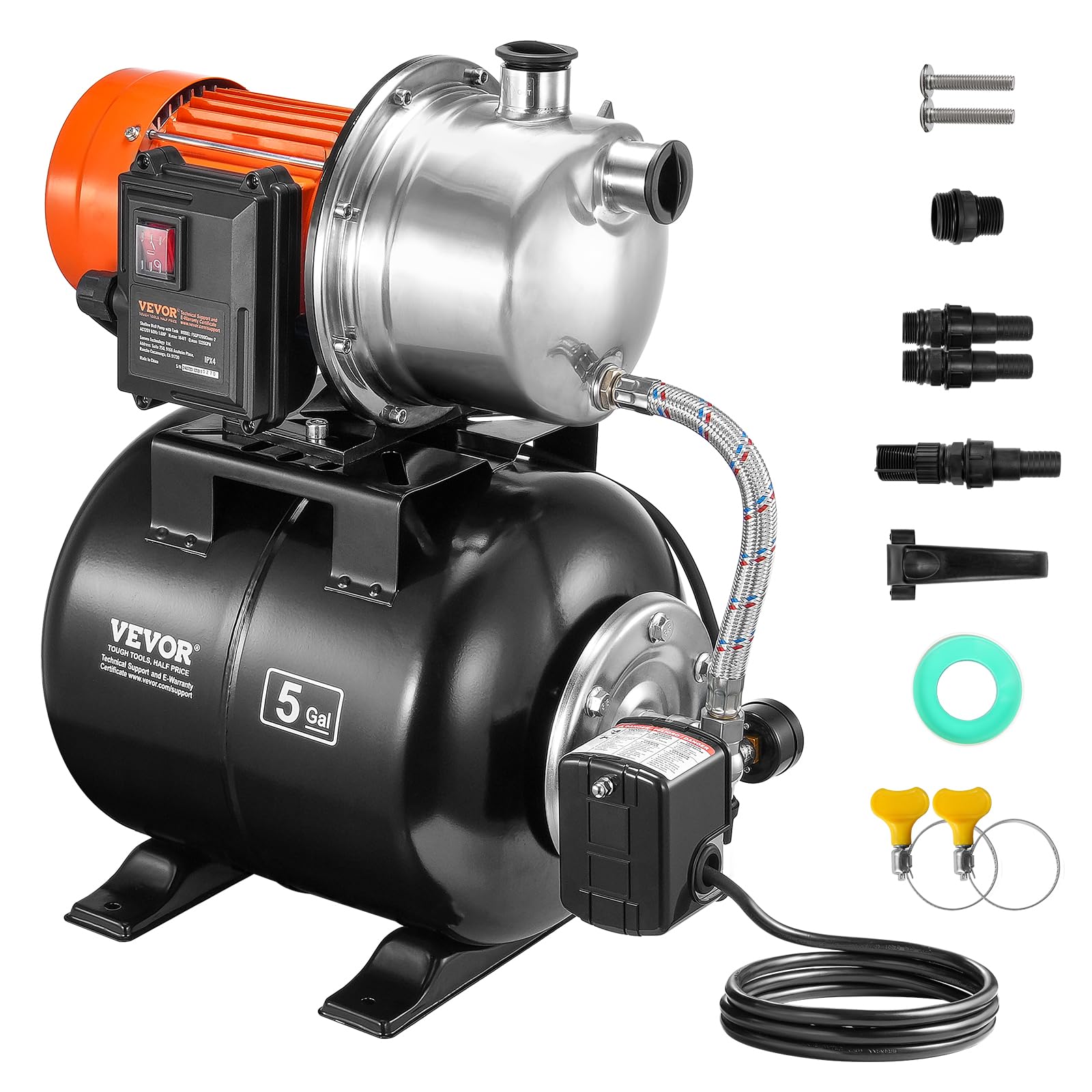 VEVOR 1.6 HP Shallow Well Pump with 5-Gal Pressure Tank, 1320 GPH, Automatic Water Booster Pump for Irrigation, 30/50 PSI Switch, Stainless Steel Head - Ideal for Home, Garden, Lawn Watering & Farm Use
