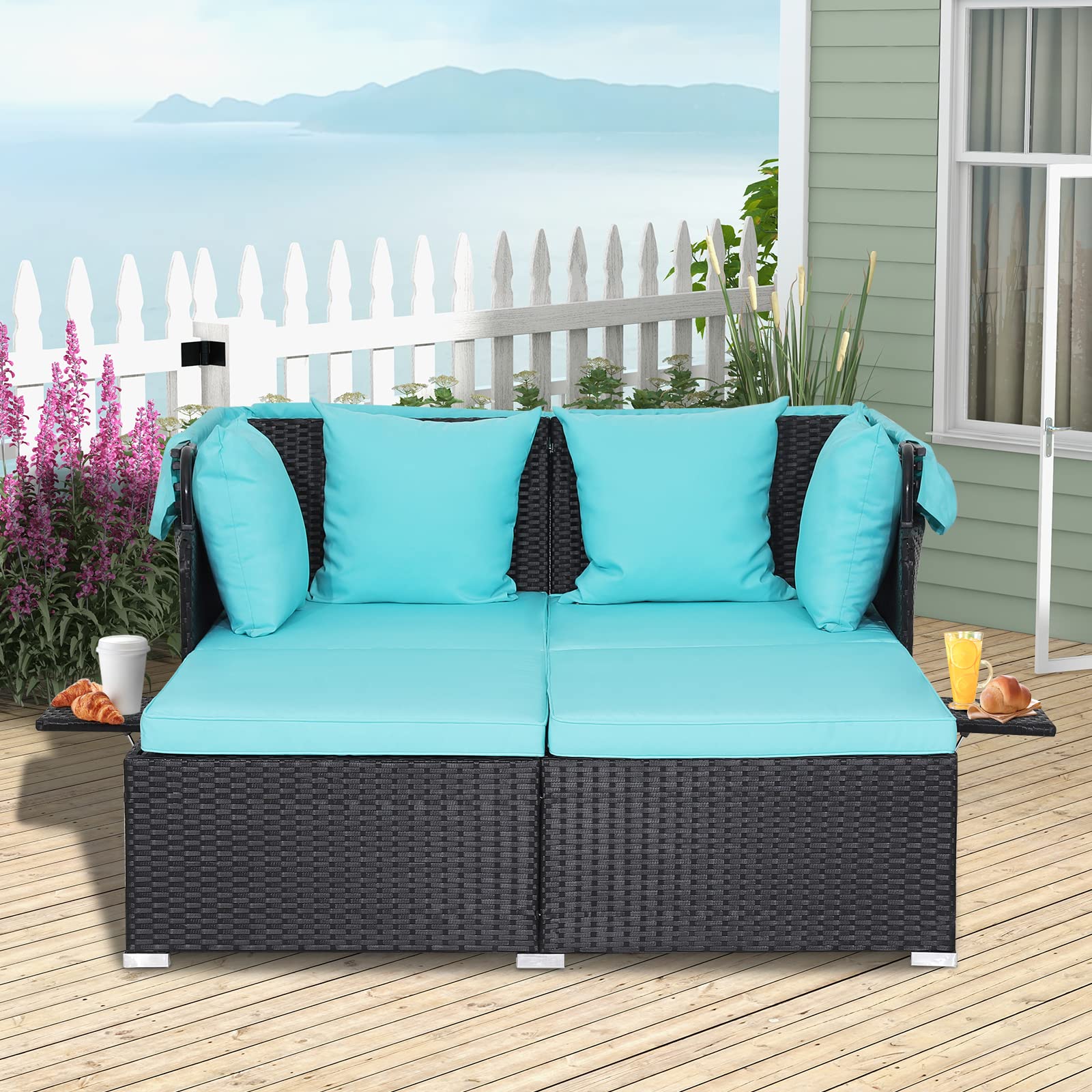 RELAX4LIFE Outdoor Patio Daybed with Canopy - Rattan Wicker Sunbed with Cushions, 4 Pillows & 2 Retractable Side Trays - 2-Person Lounge Bed for Poolside, Porch, Garden, Backyard - Perfect for Sunbathing and Relaxing (Turquoise)