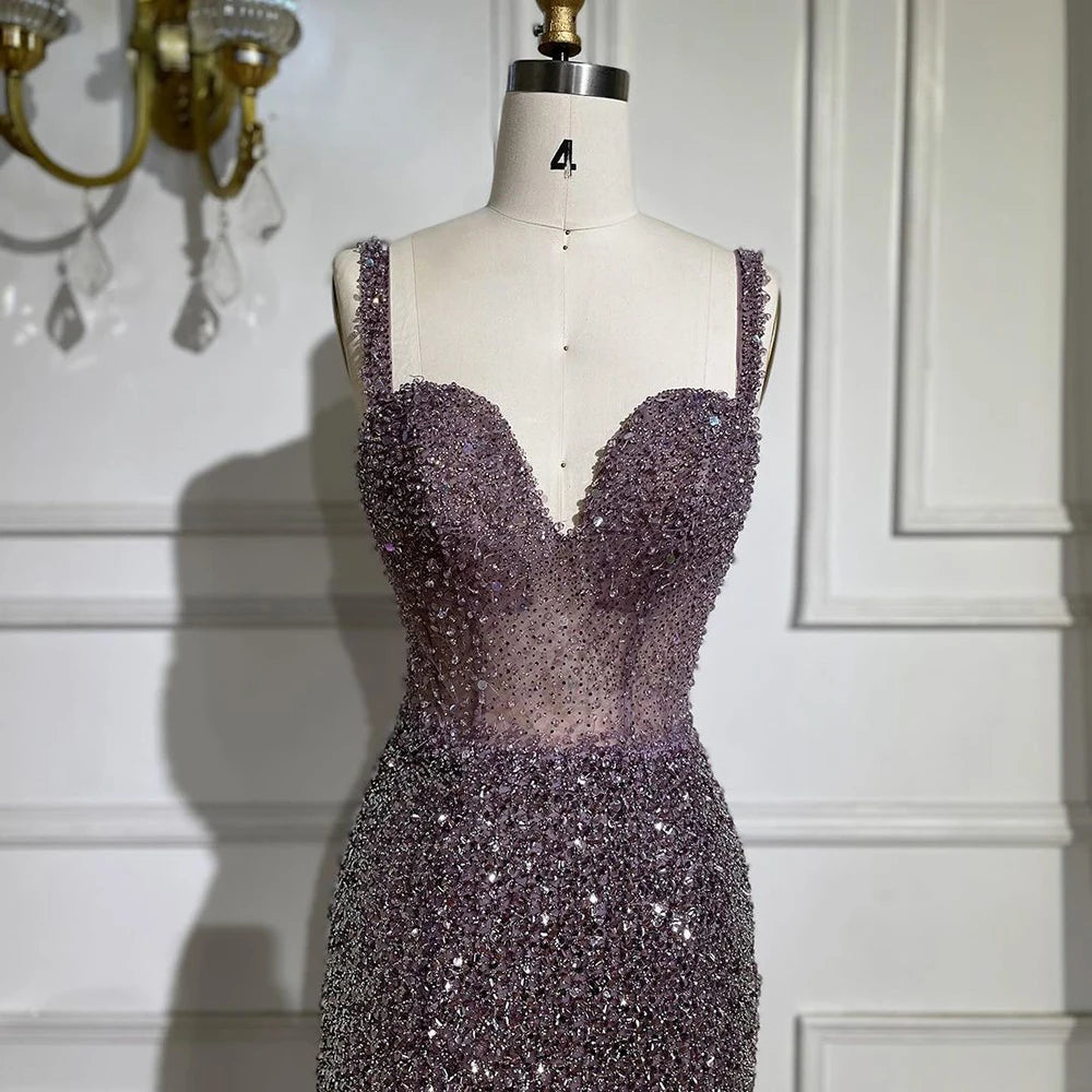 Elegant Purple Spaghetti Strap Mermaid Beaded Evening Gown for Women - Wedding, Party & Formal Dresses 2025 | LA72454 | Perfect for Prom, Cocktail Parties & Special Occasions