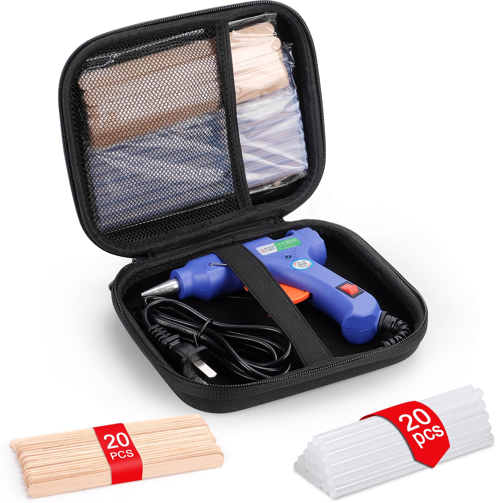 Hot Melt Glue Gun Kit with 20 Glue Sticks & 20 Wood Craft Sticks - Mini Craft Glue Gun with Hardshell Case for DIY, School Projects, Home Decor, Jewelry Making & Scrapbooking