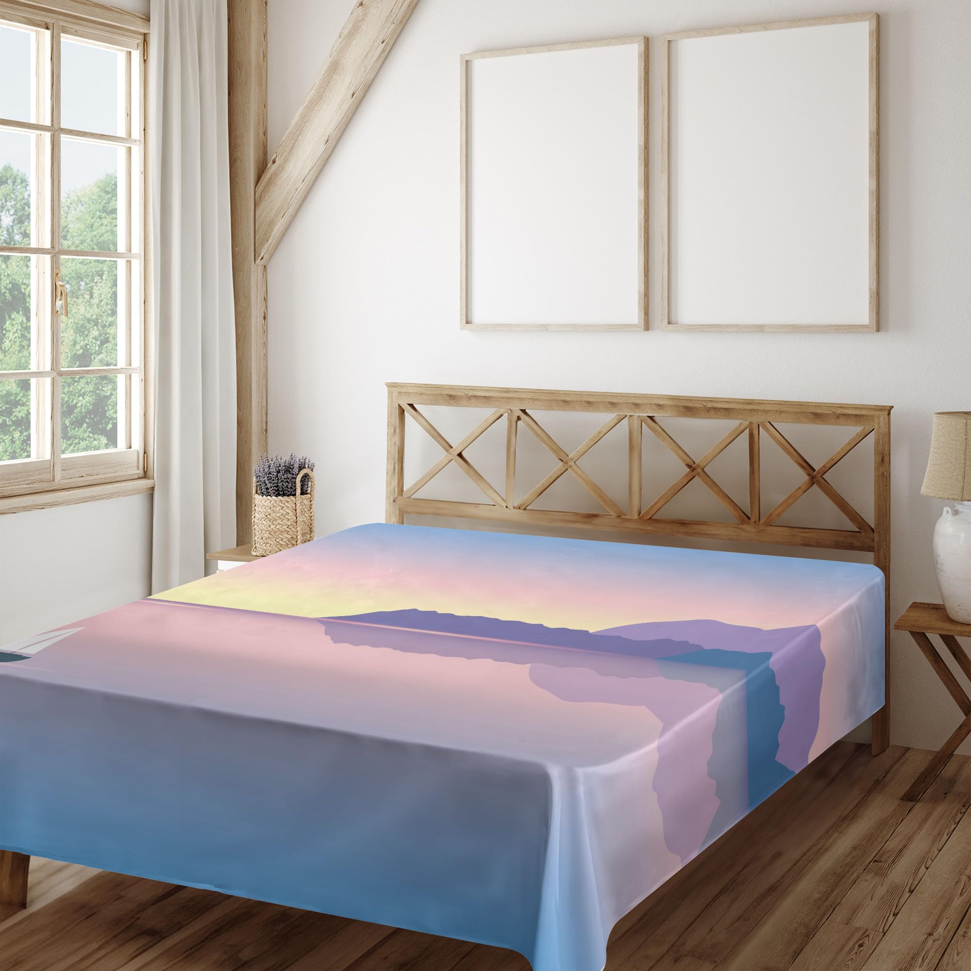 Ambesonne Full Size Travel Flat Sheet - Romantic Sunset Seascape with Boat Design, Soft & Comfortable Decorative Bedding, Azure Blue Rose - Perfect for Beach House, Guest Room & Vacation Getaways