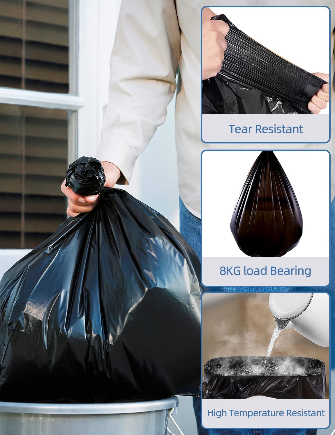 8 Gallon Trash Bags - 40 Count Heavy Duty Black Garbage Bags (55x65cm, 7g Each) | No Flaps, No Ties, Unscented | Perfect for Kitchen, Bathroom, Office & Outdoor Use