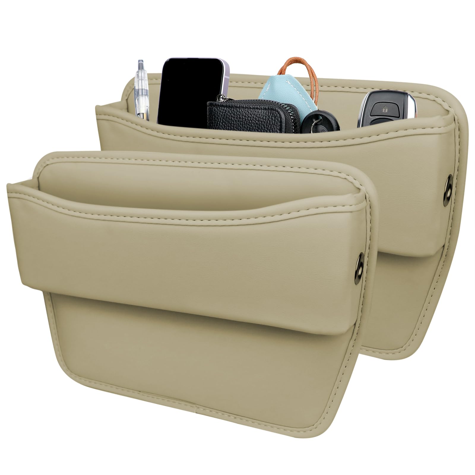 Premium 2-Pack Leather Car Seat Gap Filler Organizer - Universal Front Seat Storage for Phones, Keys, Cards & Glasses | Interior Car Accessories for Sedans, SUVs & Trucks (Beige) - Perfect for Road Trips, Commuting & Daily Driving