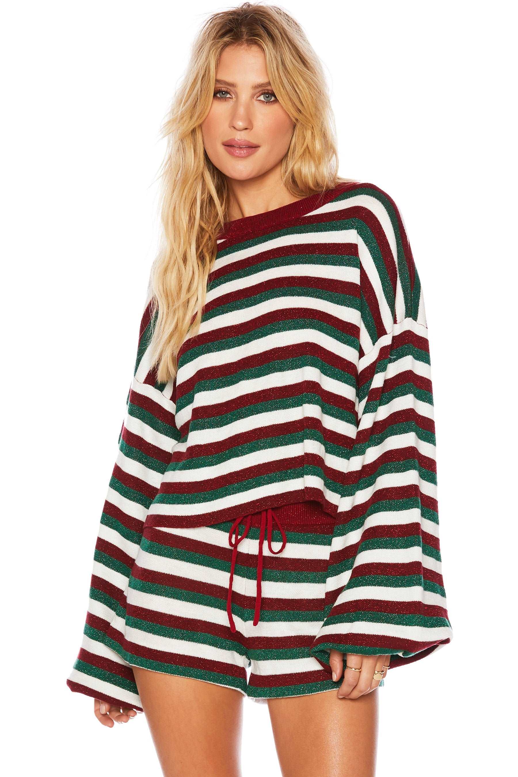 Beach Riot Women's Balboa Lounge Shorts - Festive Striped Red & Green Holiday Swimwear Cover Up for Pool, Beach & Summer Vacations