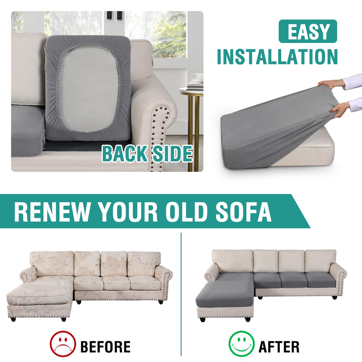Stretch Anti-Slip Sectional Sofa Covers - 4 Piece L-Shaped Couch Cover Set with Separate Seat Cushion & Chaise Covers for Left/Right Sectionals (Light Grey, 3-Seater + Chaise) - Perfect for Living Room, Family Room & Home Theater Furniture Protection