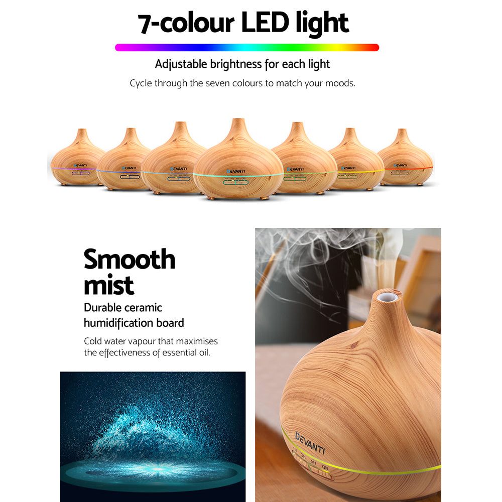 Devanti 300ml 4-in-1 Ultrasonic Aroma Diffuser with LED Light - Natural Wood Grain Finish | Perfect for Home, Office, Yoga & Spa Relaxation