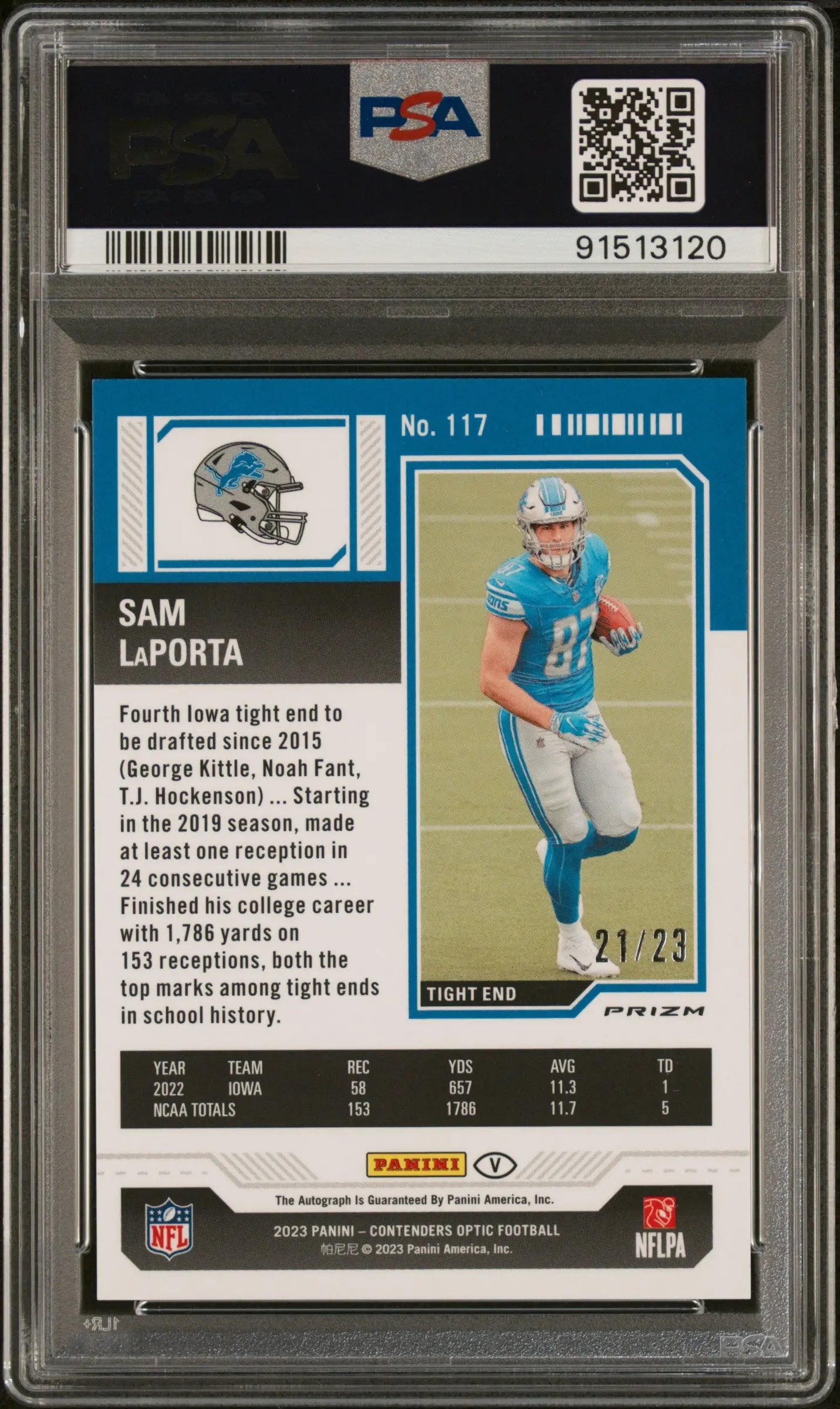 2023 Contenders Optic Football Sam LaPorta Rookie Ticket Auto Blue Variation PSA 9 /23 - Rare Collectible Card for NFL Fans & Sports Memorabilia Enthusiasts - Perfect for Display, Trading, and Investment