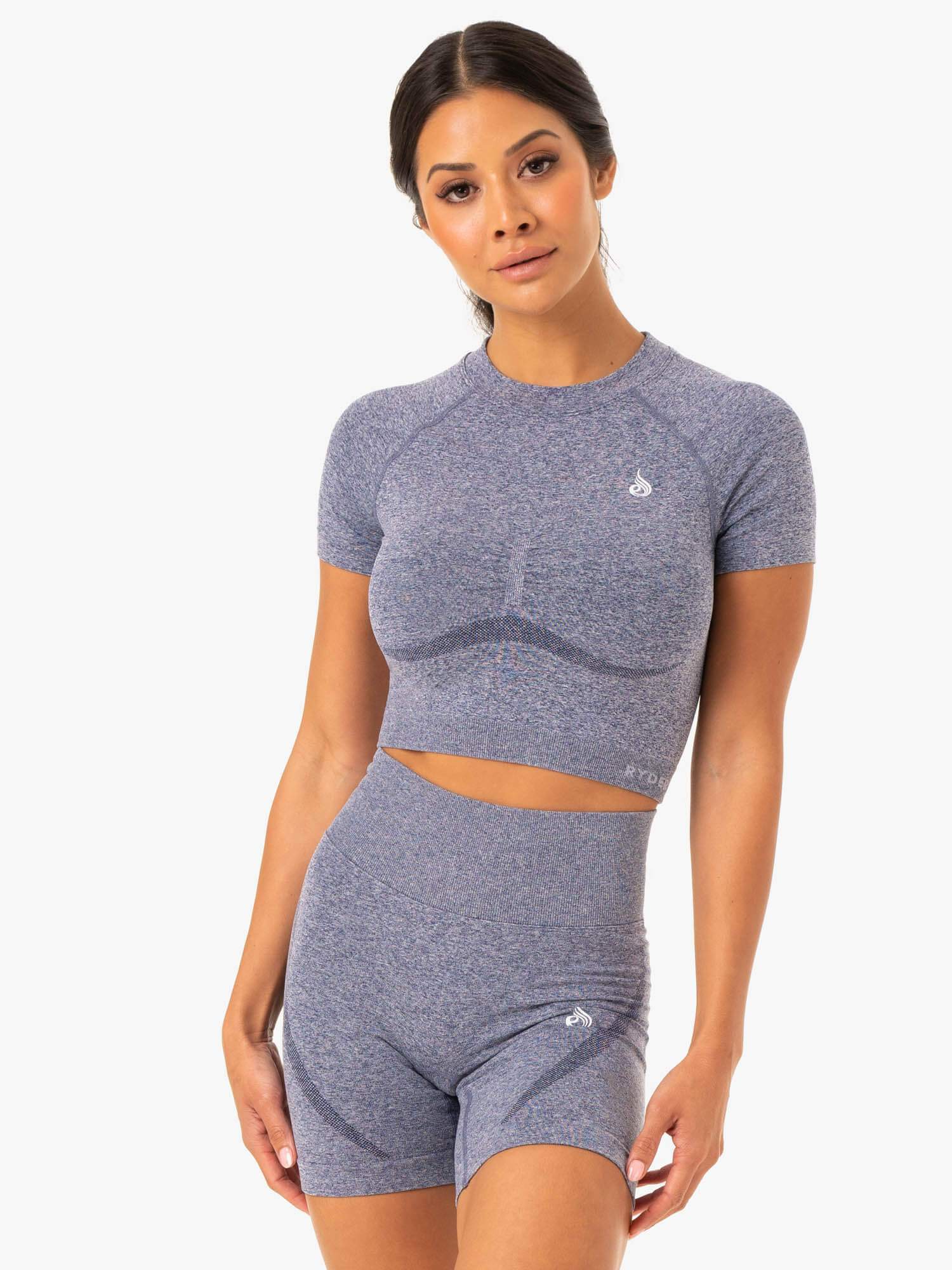 Premium Staples Seamless T-Shirt for Women - Soft Navy Marl Cotton Blend - Casual Wear, Layering & Everyday Comfort