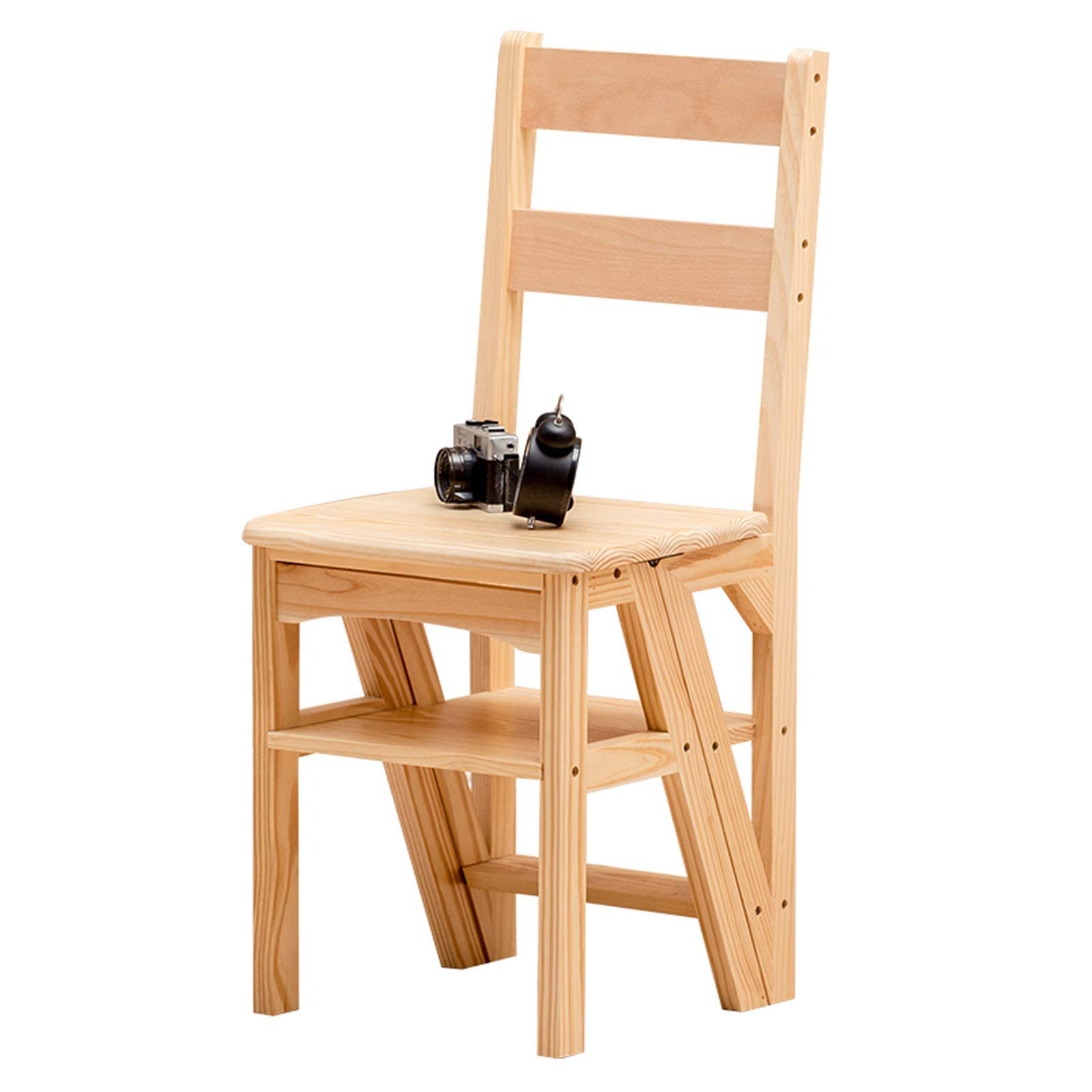 LEOSXA Wooden Step Stool Chair, Foldable Kitchen Ladder Stool for Home, Multifunctional Combination of Step Ladder and Dining Chair - Perfect for Kitchen, Bathroom, and Kids' Room