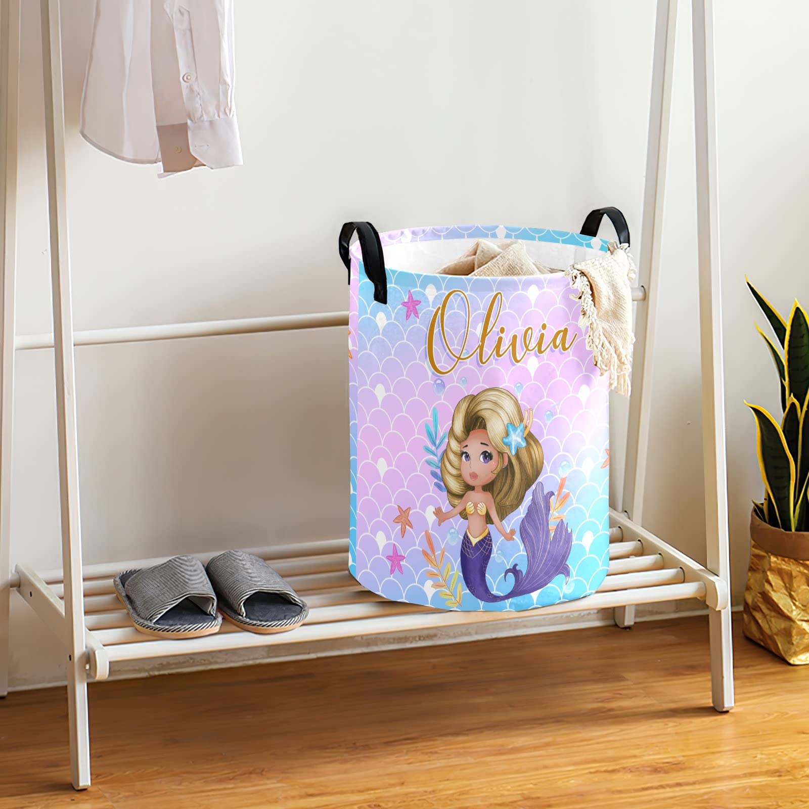 **Personalized Mermaid Laundry Basket for Girls - Custom Name Kids Laundry Hamper (Style 07) - Perfect for Nursery, Bedroom & Playroom Organization**