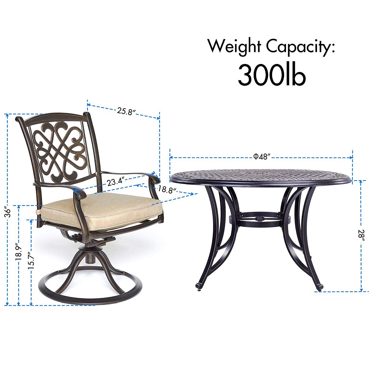 DALI 5-Piece Outdoor Dining Set - Aluminum Patio Furniture with Deep Cushioned Swivel Rocker Chairs & 48-Inch Round Casting Table | Perfect for Backyard, Garden, Poolside & Outdoor Entertaining