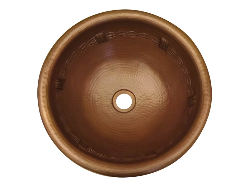 Handmade Round Hammered Copper Sink with Barbwire Design - Farmhouse & Rustic Bathroom Vanity Sink for Kitchen, Bathroom, or Outdoor Use