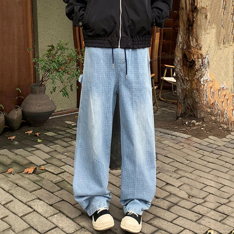 Men's Washed Denim Jeans - Straight Wide Leg Loose Fit Casual Pants with Drawstring & Printing | Spring Collection | Perfect for Everyday Wear, Street Style & Casual Outings