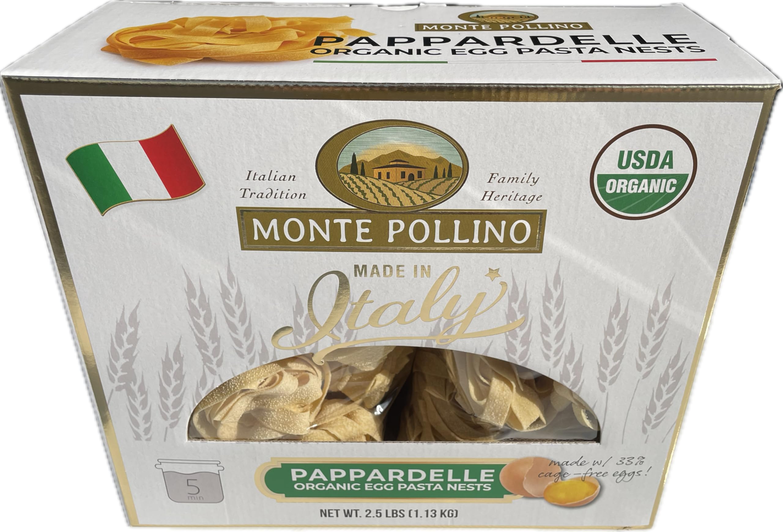 Monte Pollino Organic Pappardelle Egg Pasta - 2.5 lbs | Authentic Italian Wide Ribbon Noodles | Perfect for Homemade Pasta Dishes, Carbonara & Hearty Sauces