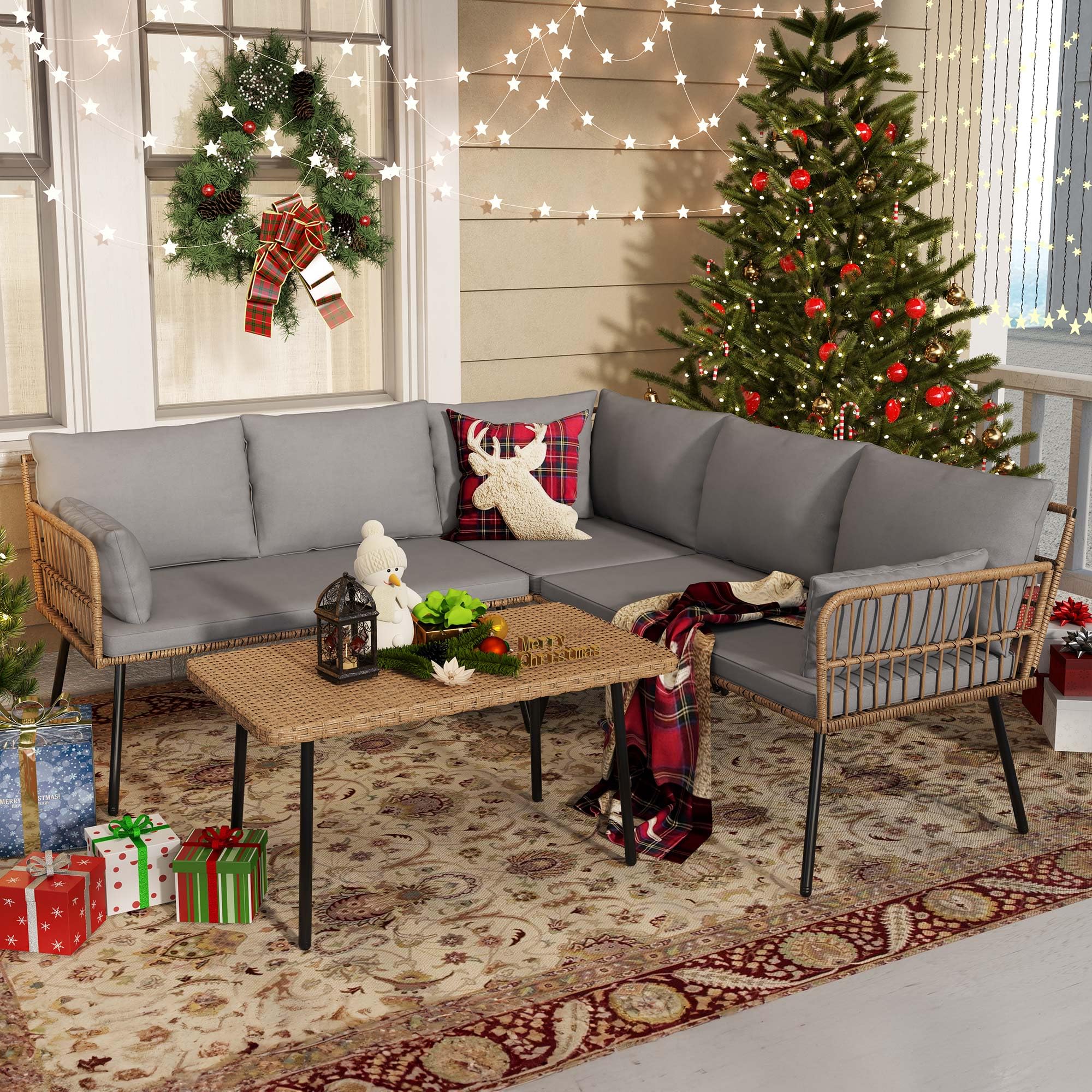 YITAHOME 4-Piece Patio Furniture Set, Outdoor Wicker L-Shaped Sectional Sofa with 5 Seats, Detachable Boho-Style Lounger with Thick Cushions & Side Table - Grey | Perfect for Backyard, Porch, Garden & Poolside Relaxation