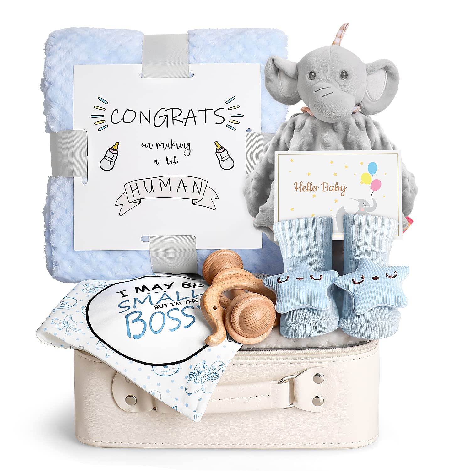 Baby Shower Gift Set for Boys - Newborn Essentials with Elephant Lovey Security Blanket, Wooden Rattle Toy, Funny Bibs & Socks, Greeting Card | Perfect Baby Registry Gifts & Welcome Home Present