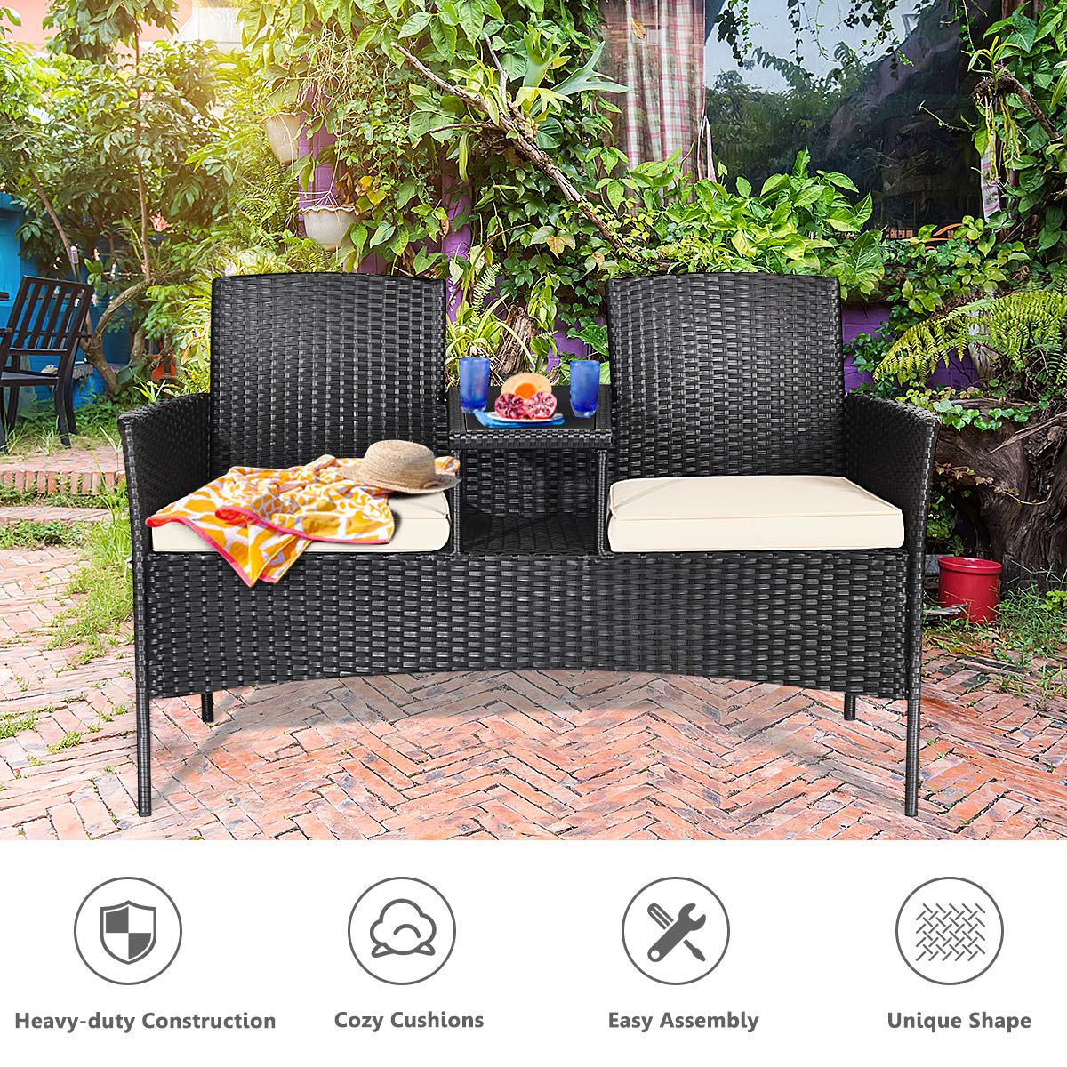 Modern White Outdoor Rattan Loveseat Sofa Set with Cushions & Glass Table - Patio Conversation Furniture for Garden, Lawn, Backyard - Perfect for Relaxing, Entertaining Guests, and Enjoying Outdoor Gatherings