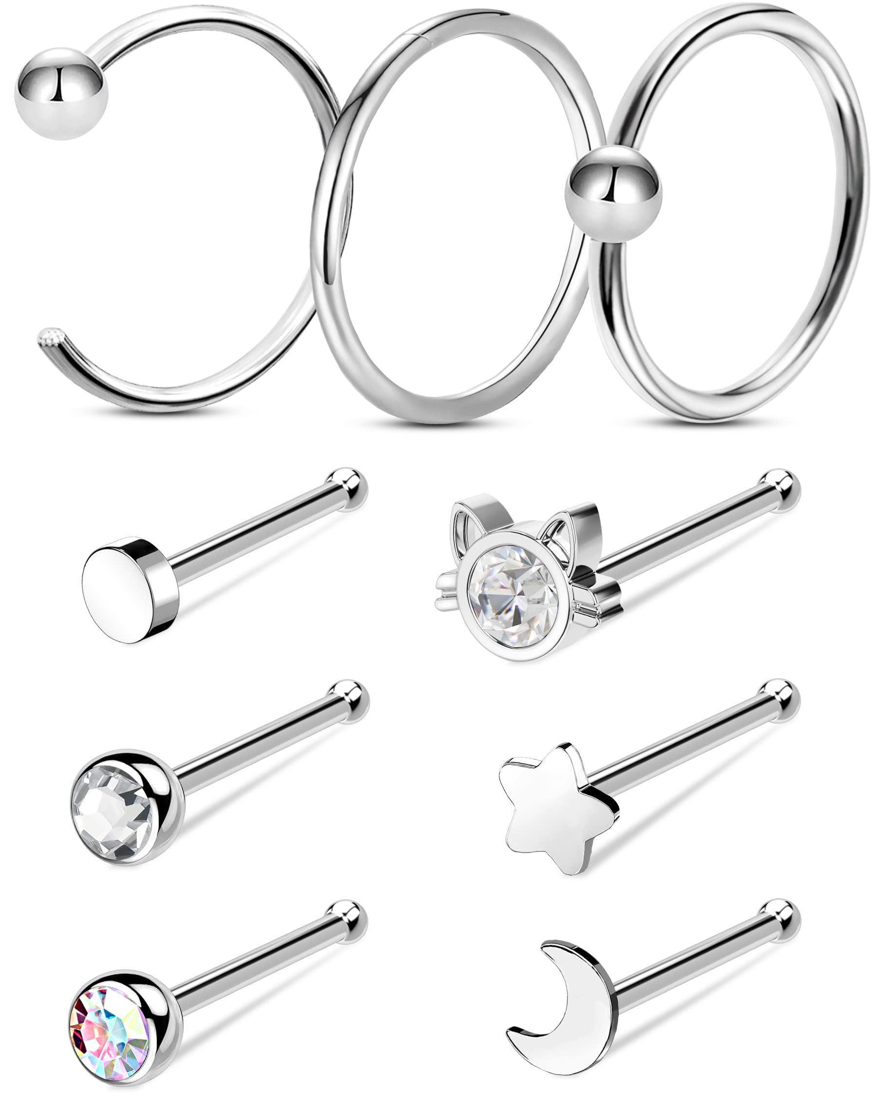 JEWSEEN 20G CZ Nose Rings for Women & Men - 7mm/8mm Hoops & Studs for Everyday Wear