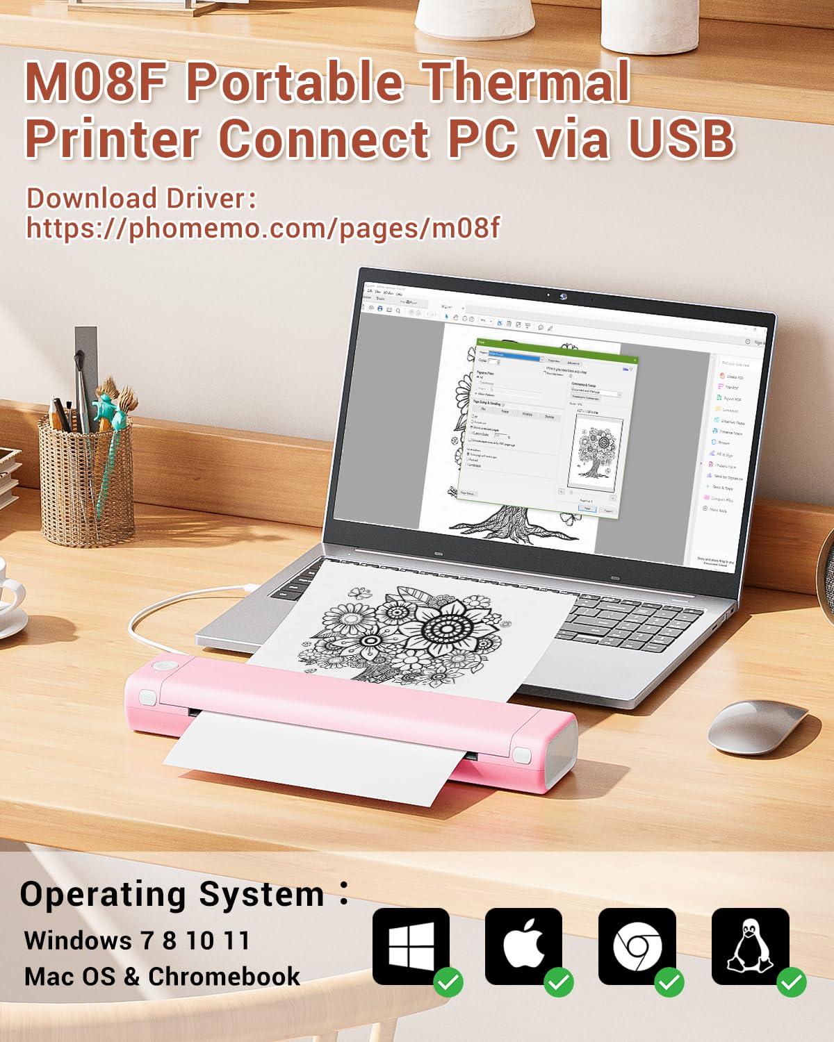 Phomemo M08F Wireless Bluetooth Thermal Printer - Compact Portable Printer for Home & Office, 8.5x11 Inch Letter Size, Compatible with Smartphones (Includes 100 Sheets Thermal Paper) - Perfect for Labeling, Receipt Printing & DIY Projects - Pink