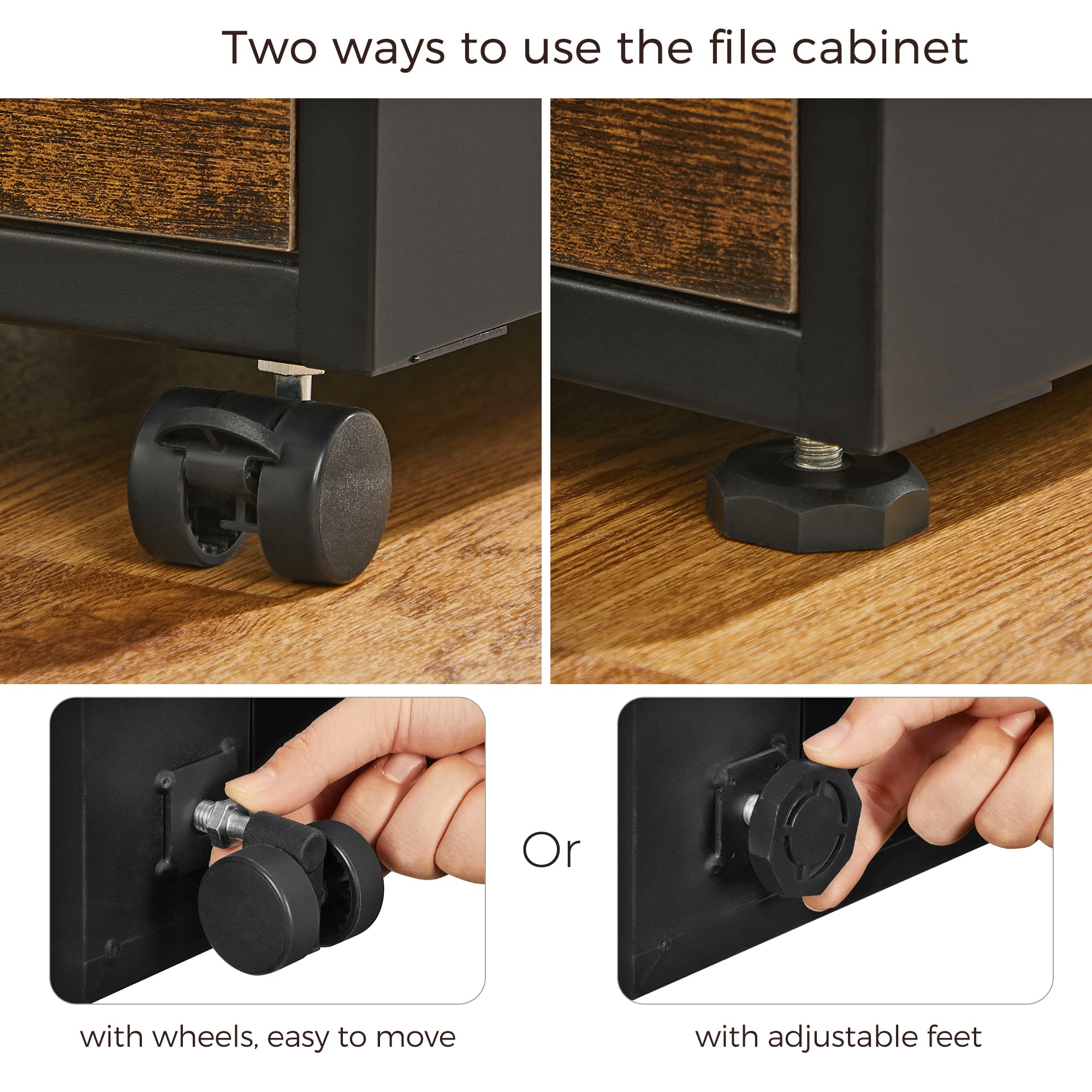 SONGMICS File Cabinet with Lock - Pre-Assembled Office Filing Cabinet for A4, Legal & Letter Size Documents - 17.7 x 14.4 x 23.6 Inches Rustic Brown & Black - Perfect for Home Office, Study Room & Workspace Organization (UOFC110B01V1)
