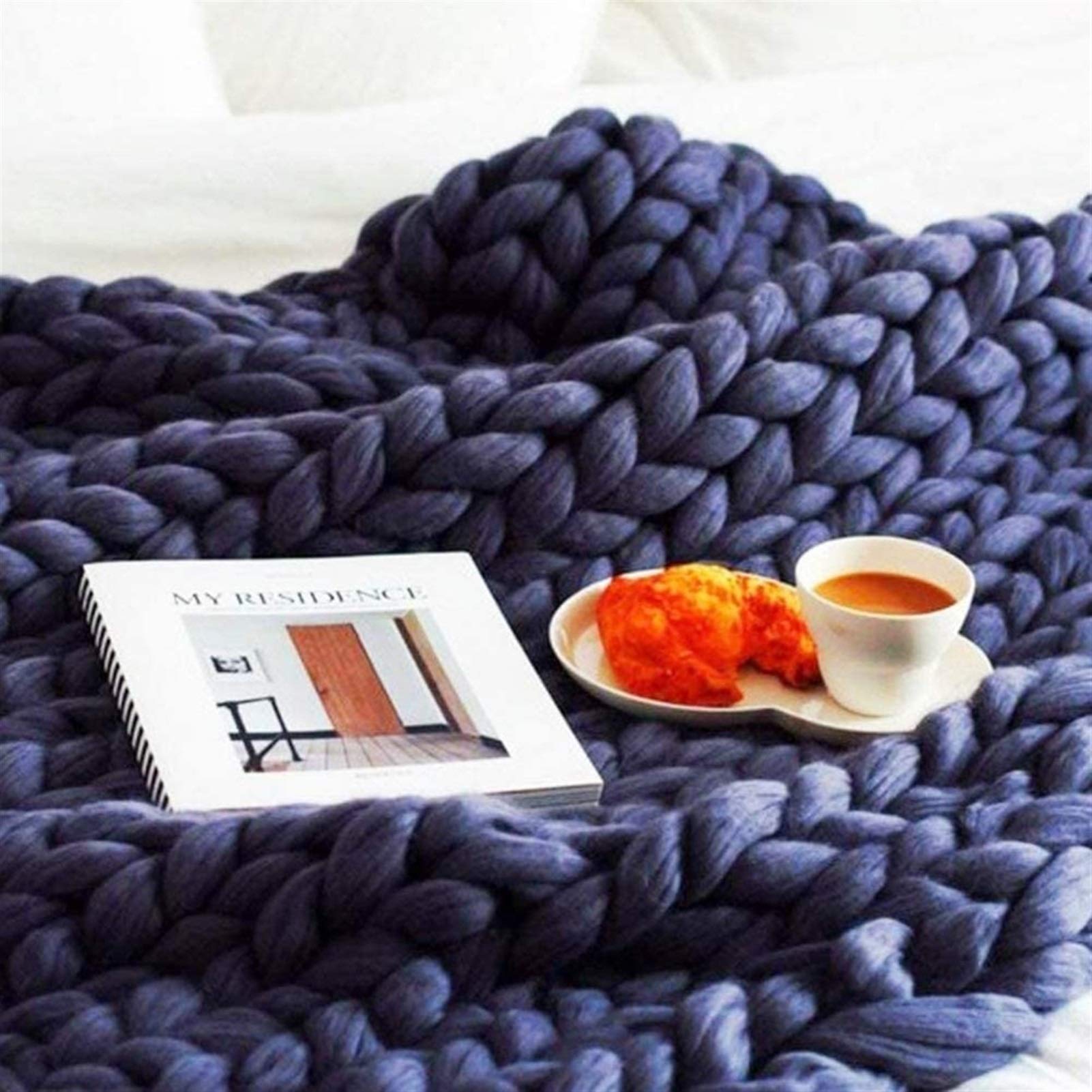 Handwoven Chunky Knit Oversized Throw Blanket - 71×80in (180×200cm) Navy Blue - Cozy Sofa Blanket, Chair Cover, Baby & Pet Mat - Perfect Gift for Home Decor & Winter Warmth