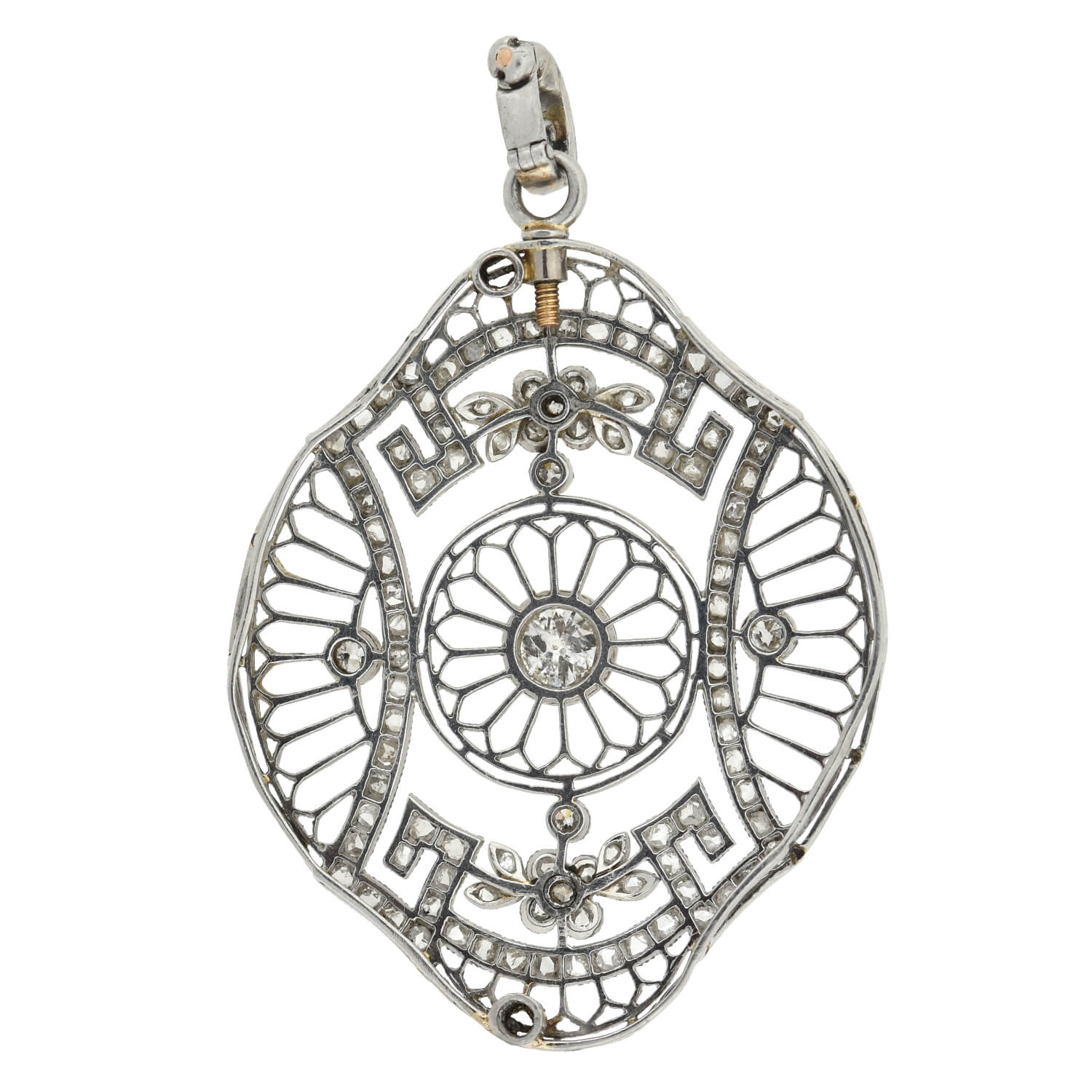 Edwardian French Large Platinum Diamond Floral Motif Filigree Pendant 1.05ctw - Vintage Jewelry for Weddings & Special Occasions