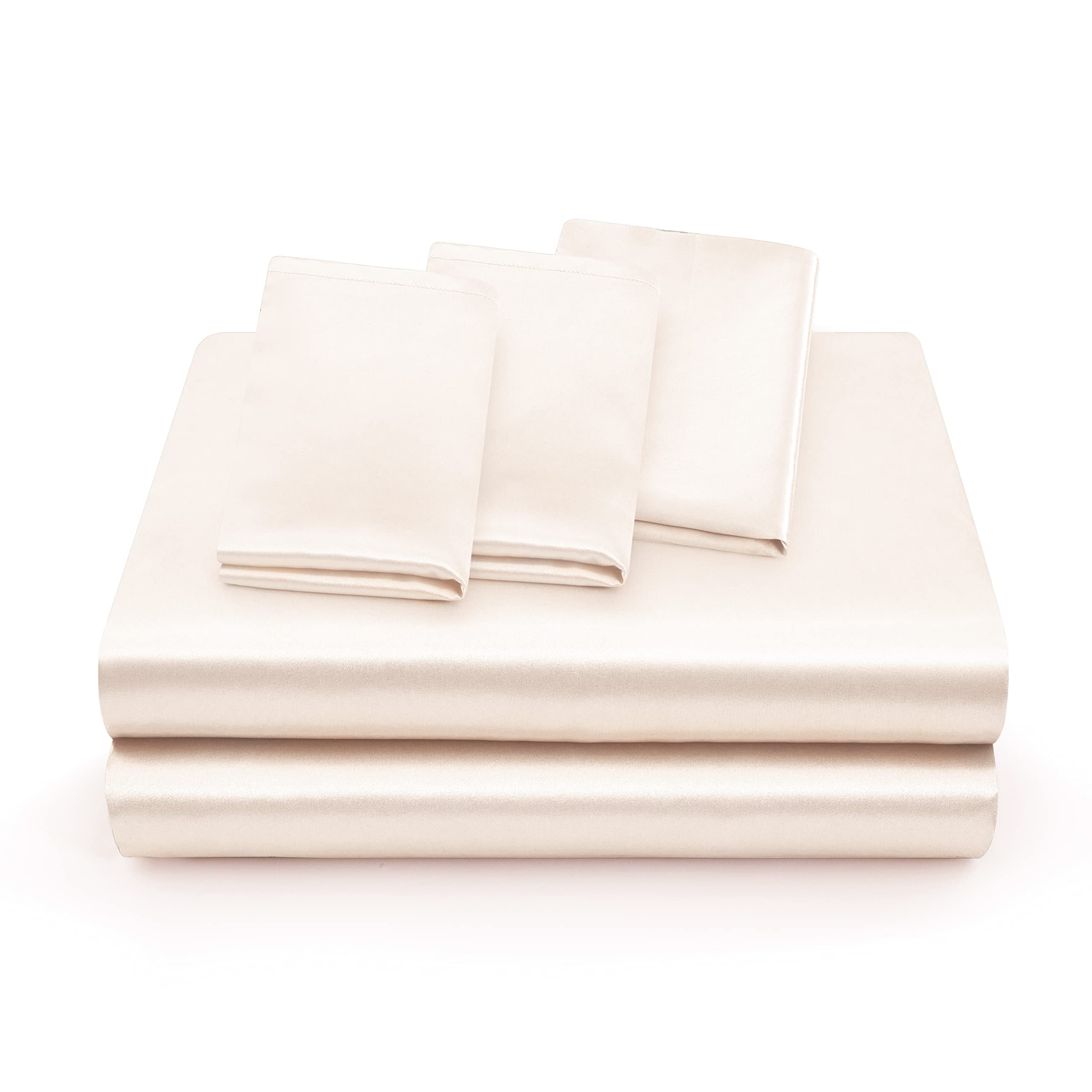 Entisn 5-Piece Silky Satin Sheet Set - Queen Size Luxury Bedding in Champagne | Ultra Soft, Breathable Satin Fabric | Includes 1 Fitted Sheet, 1 Flat Sheet & 3 Pillowcases | Perfect for Master Bedroom, Guest Room & Hotel Decor