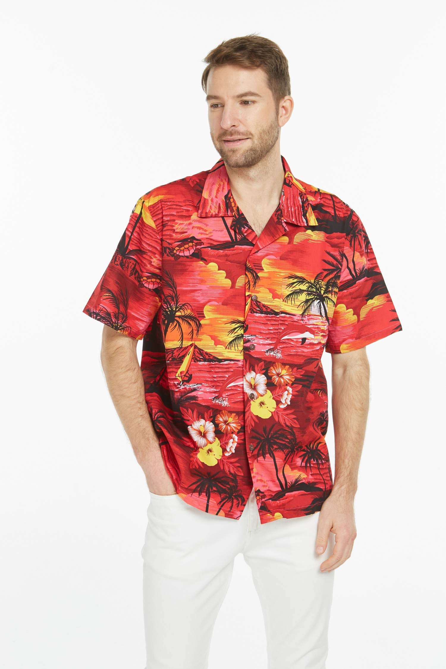 Hawaiian Luau Outfits for Family - Matching Aloha Shirts & Dresses in Sunset Red for Men, Women, Boys & Girls | Beach Party, Summer Vacation & Tropical Theme Events