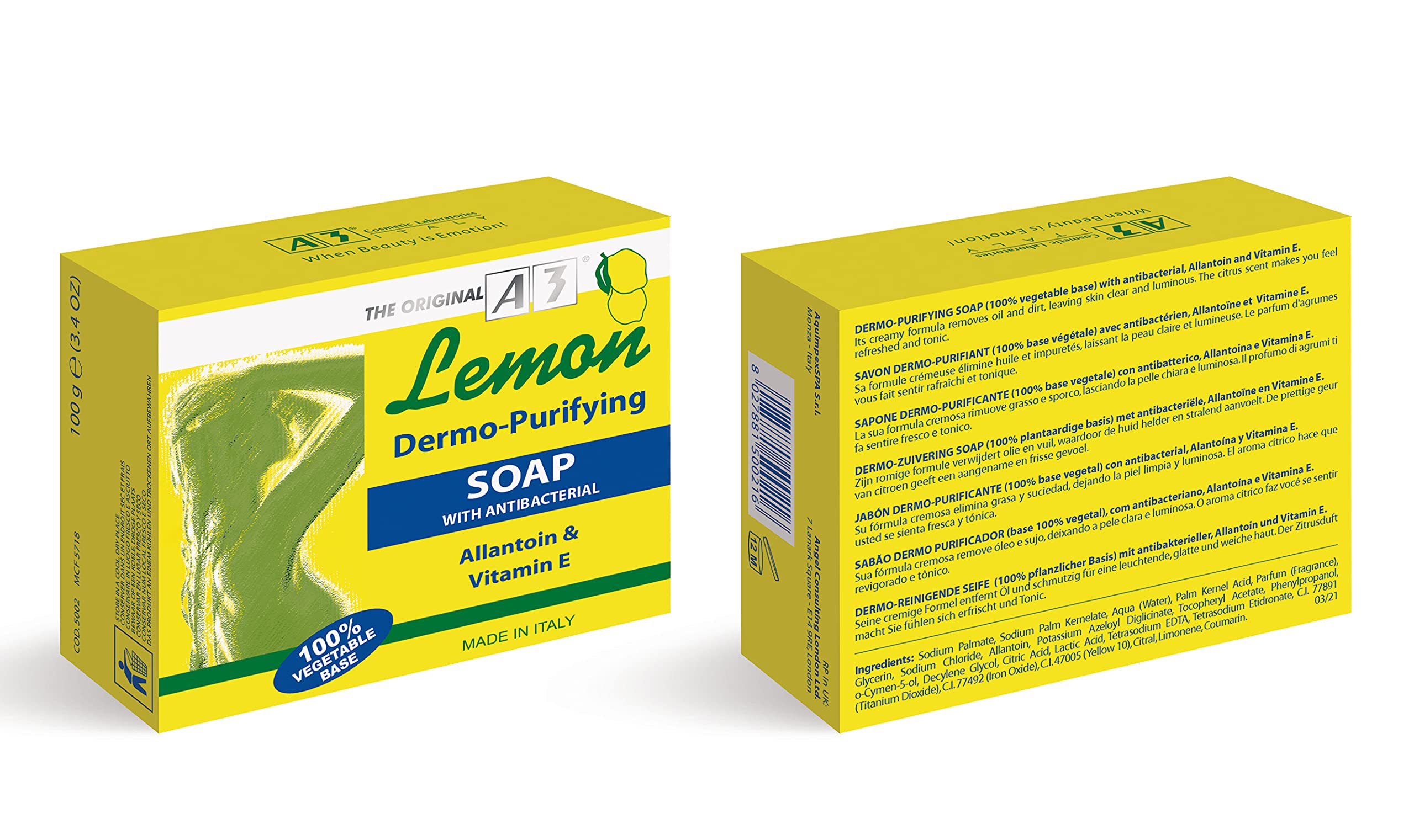 A3 Lemon Dermo-Purifying Soap - 100g | Natural Acne Treatment & Skin Cleanser for Oily & Sensitive Skin | Perfect for Daily Face & Body Wash