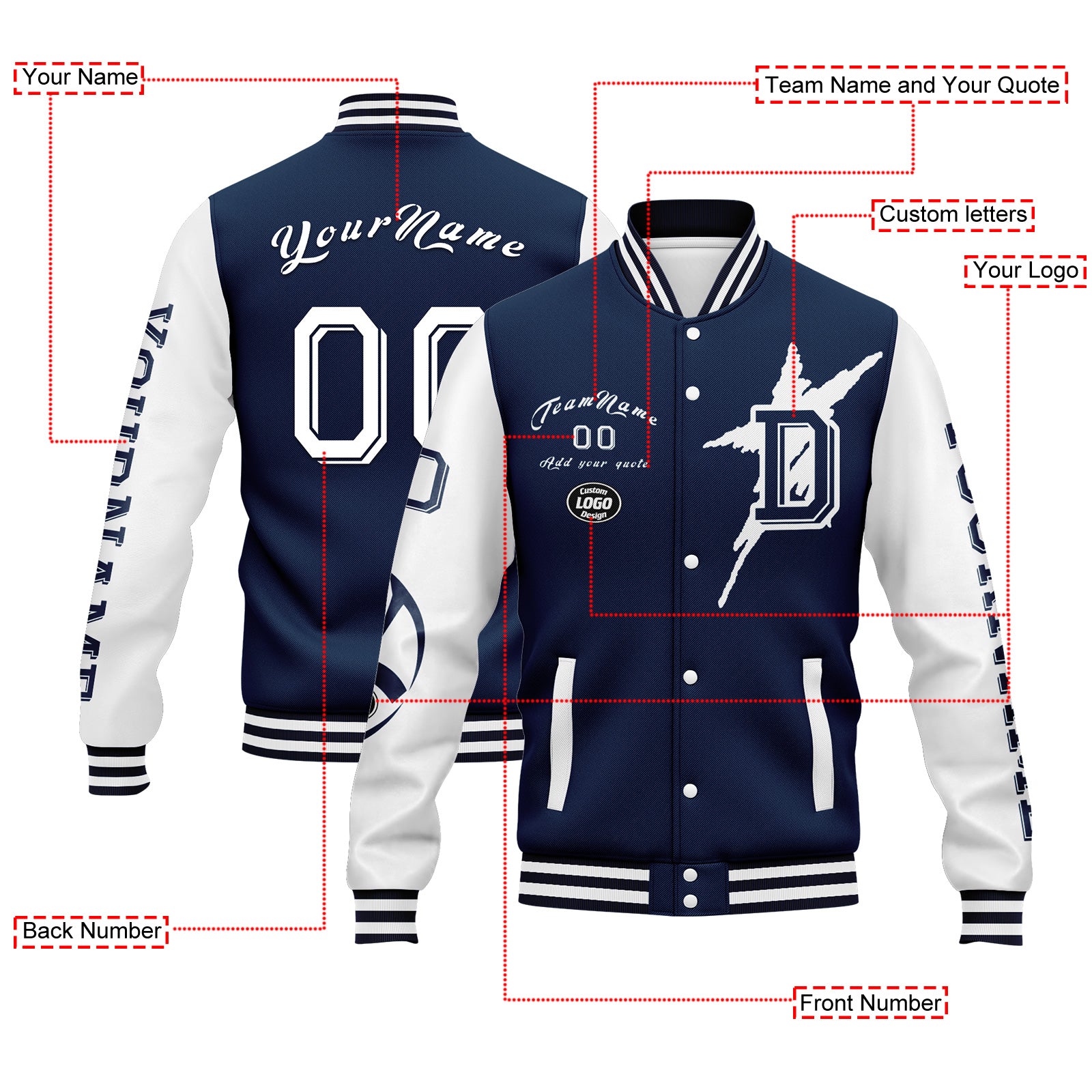 Custom Personalized Blue & White Dallas Bomber Jacket - Full Snap Varsity Letterman Coat for Men & Women (FZ005SX D020290) - Perfect for Sports Fans, School Spirit & Casual Streetwear