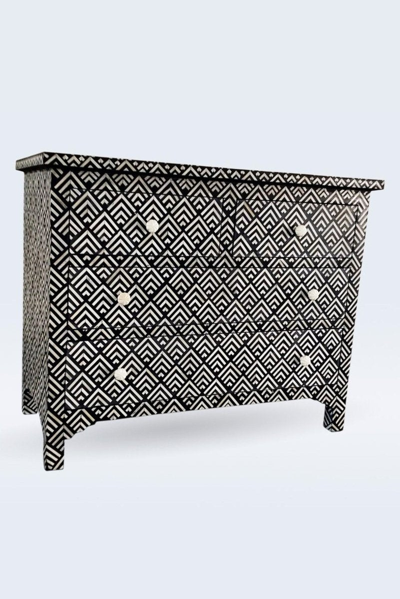 Handmade Exclusive Bone Inlay Dresser with 4 Drawers - Geometric Design Wooden Chest for Bedroom, Living Room & Home Decor Storage Furniture