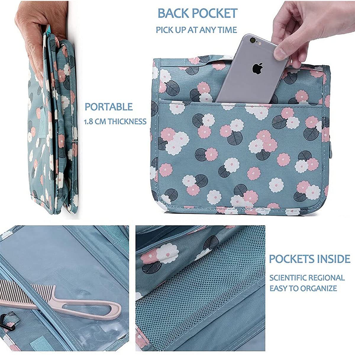 Trawila Travel Hanging Toiletry Bag for Men & Women - Waterproof Cosmetic Organizer with Sturdy Hook, Perfect for Bathroom & Makeup Storage (Blue Floral Design) | Ideal for Camping, Gym & Business Trips