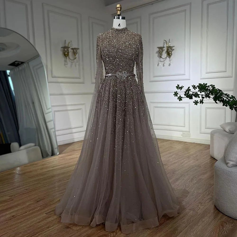 Elegant Gold A-Line Cape Sleeves High Neck Beaded Evening Gown for Women - Luxury Plus Size Formal Dress (LA70066B) | Perfect for Prom, Gala, Wedding & Black Tie Events