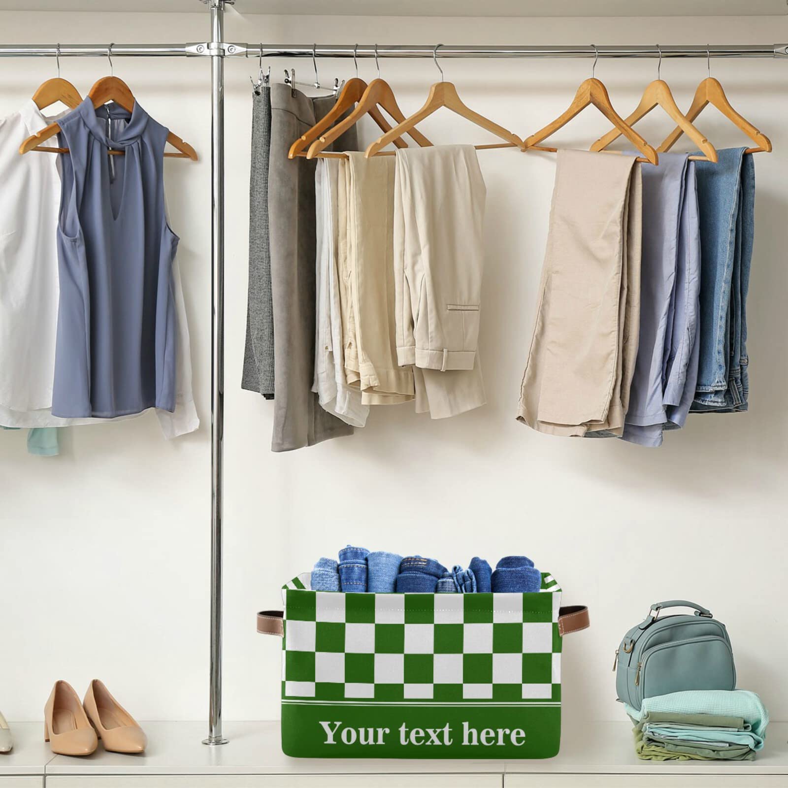 Checkerboard White Green Plaid Storage Basket - Collapsible Rectangular Bin with Leather Handles - Nursery, Closet & Home Organization - Perfect for Baby Clothes, Toys & Blanket Storage